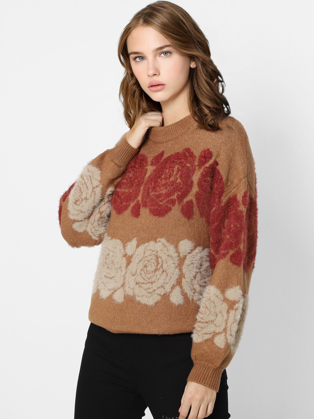 

ONLY Women Brown & Maroon Colourblocked Printed Pullover