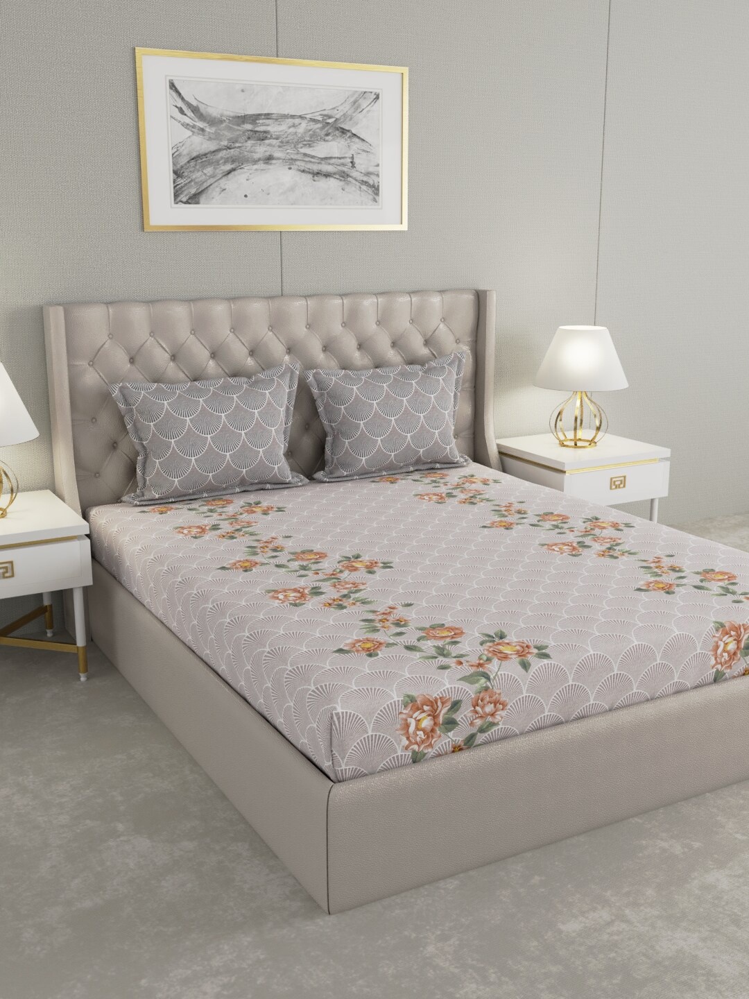 

Raymond Home Grey & Green Floral 200 TC King Bedsheet with 2 Pillow Covers