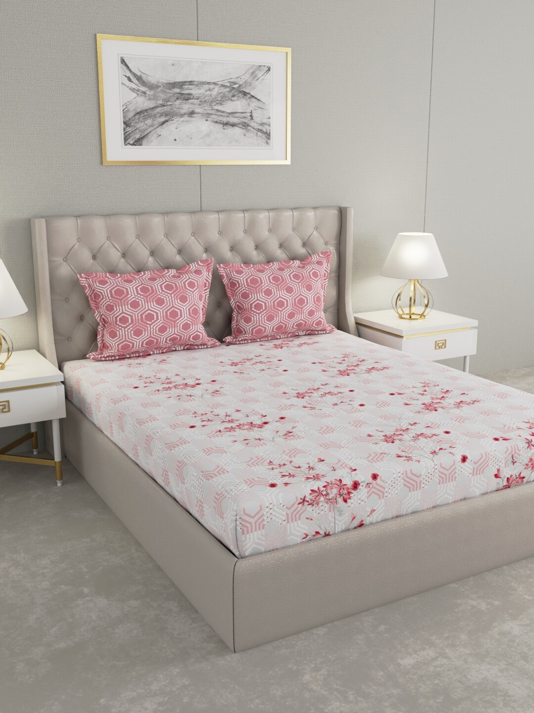 

Raymond Home Pink & White Floral 200 TC Cotton King Bedsheet With 2 Pillow Covers