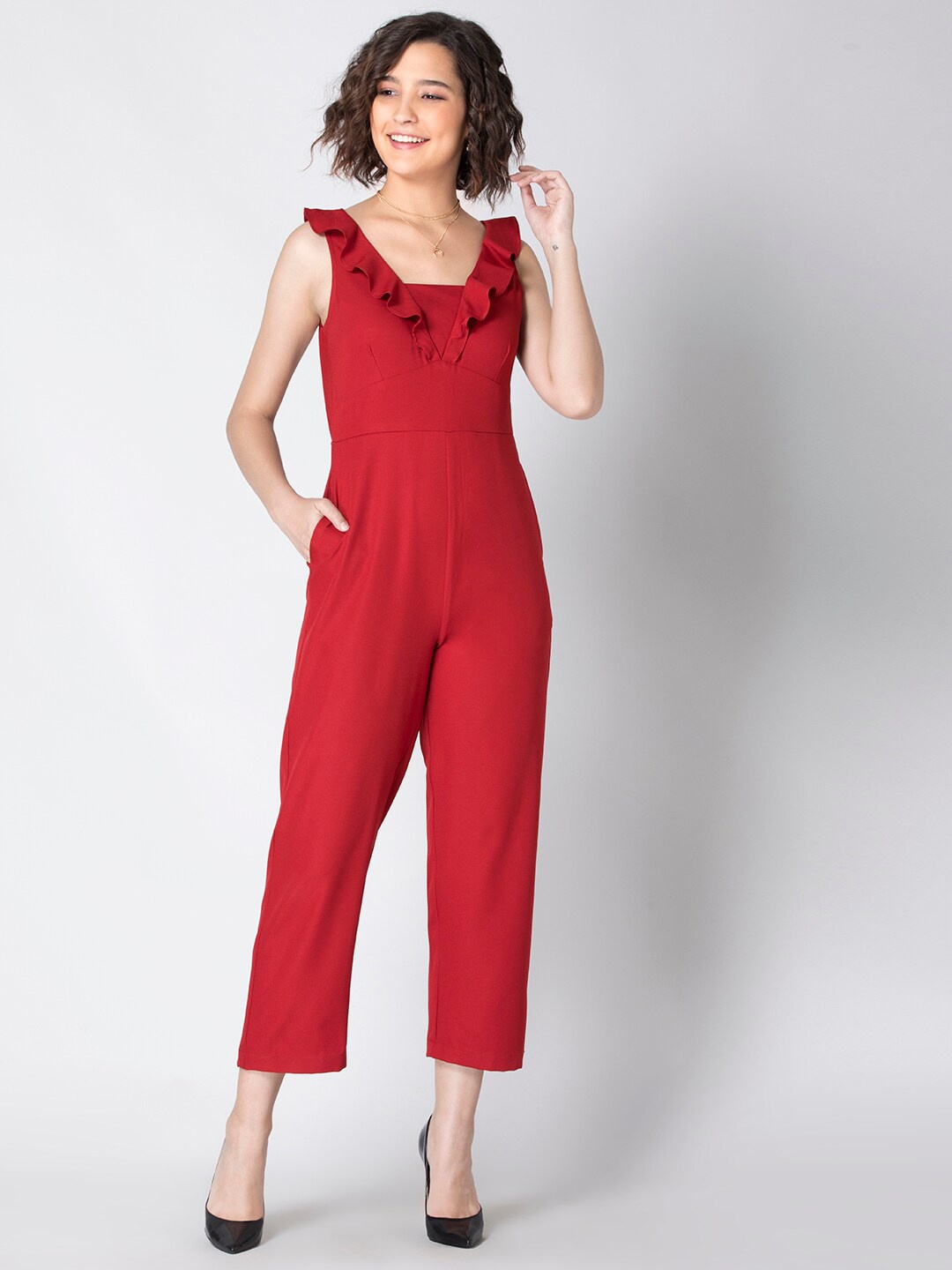 

FabAlley Women Red Solid Culotte Jumpsuit with Frills
