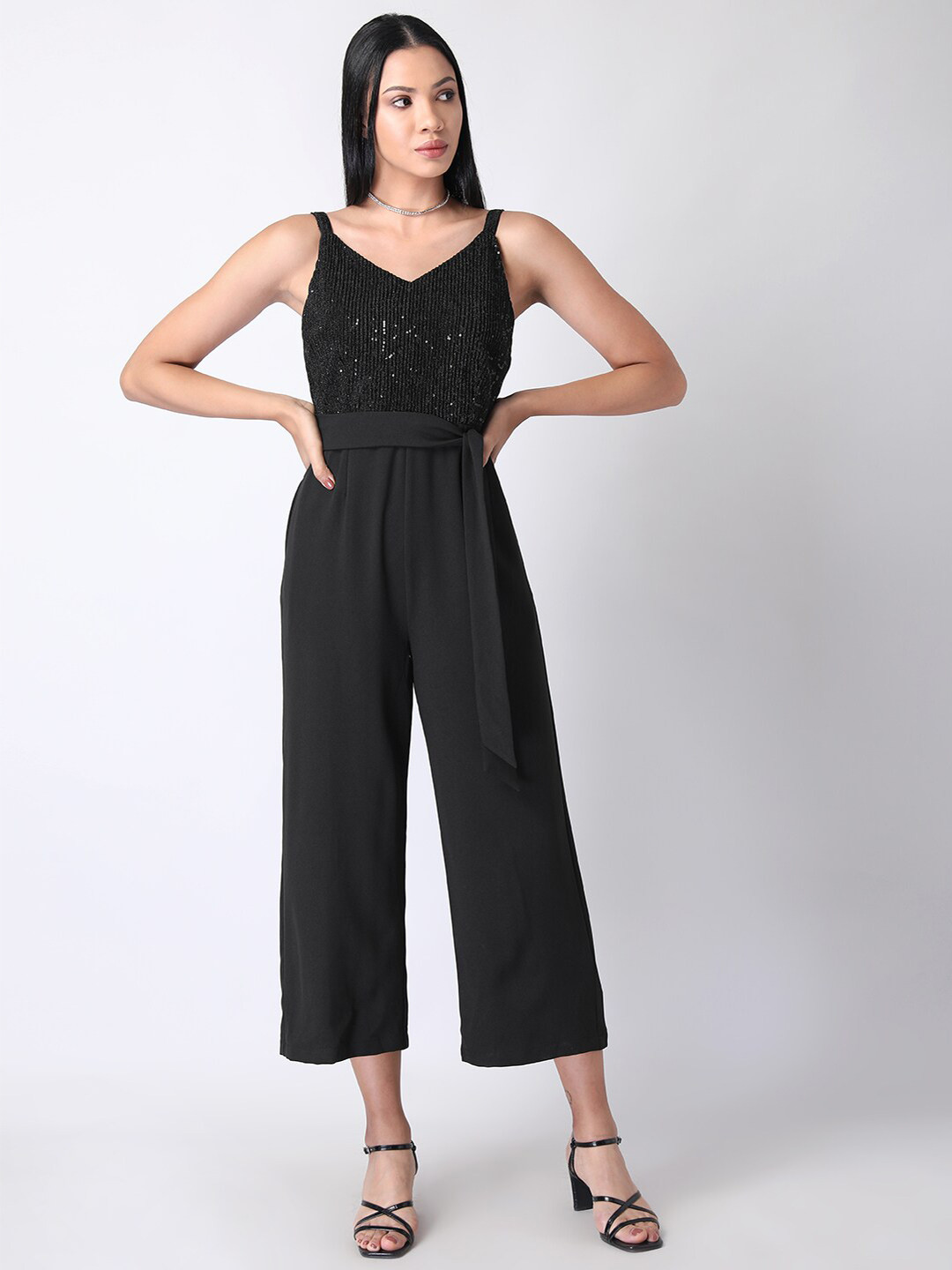 

FabAlley Black Basic Strappy Belted Jumpsuit
