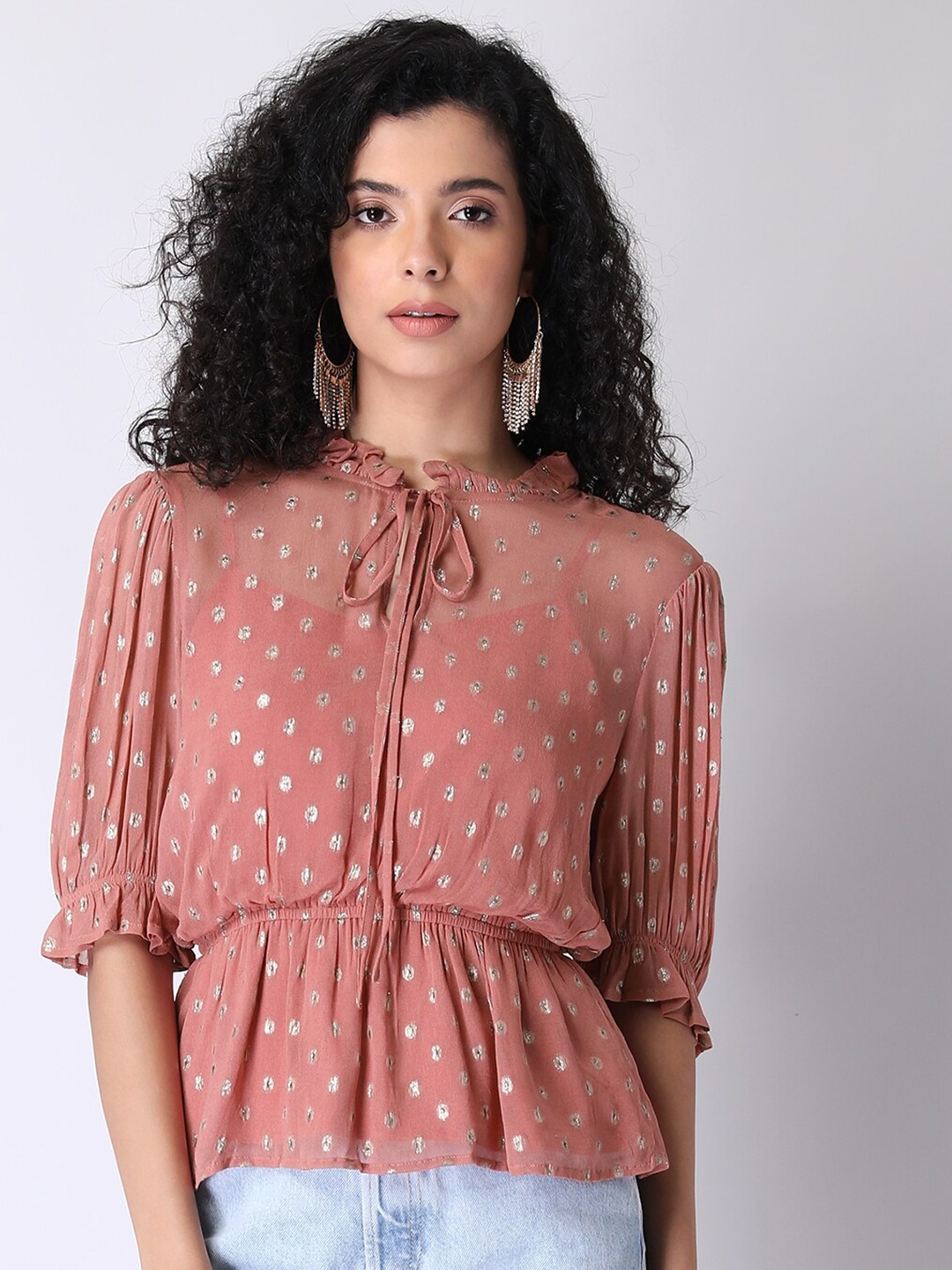 

FabAlley Pink Tie-Up Neck Georgette Cinched Waist Top