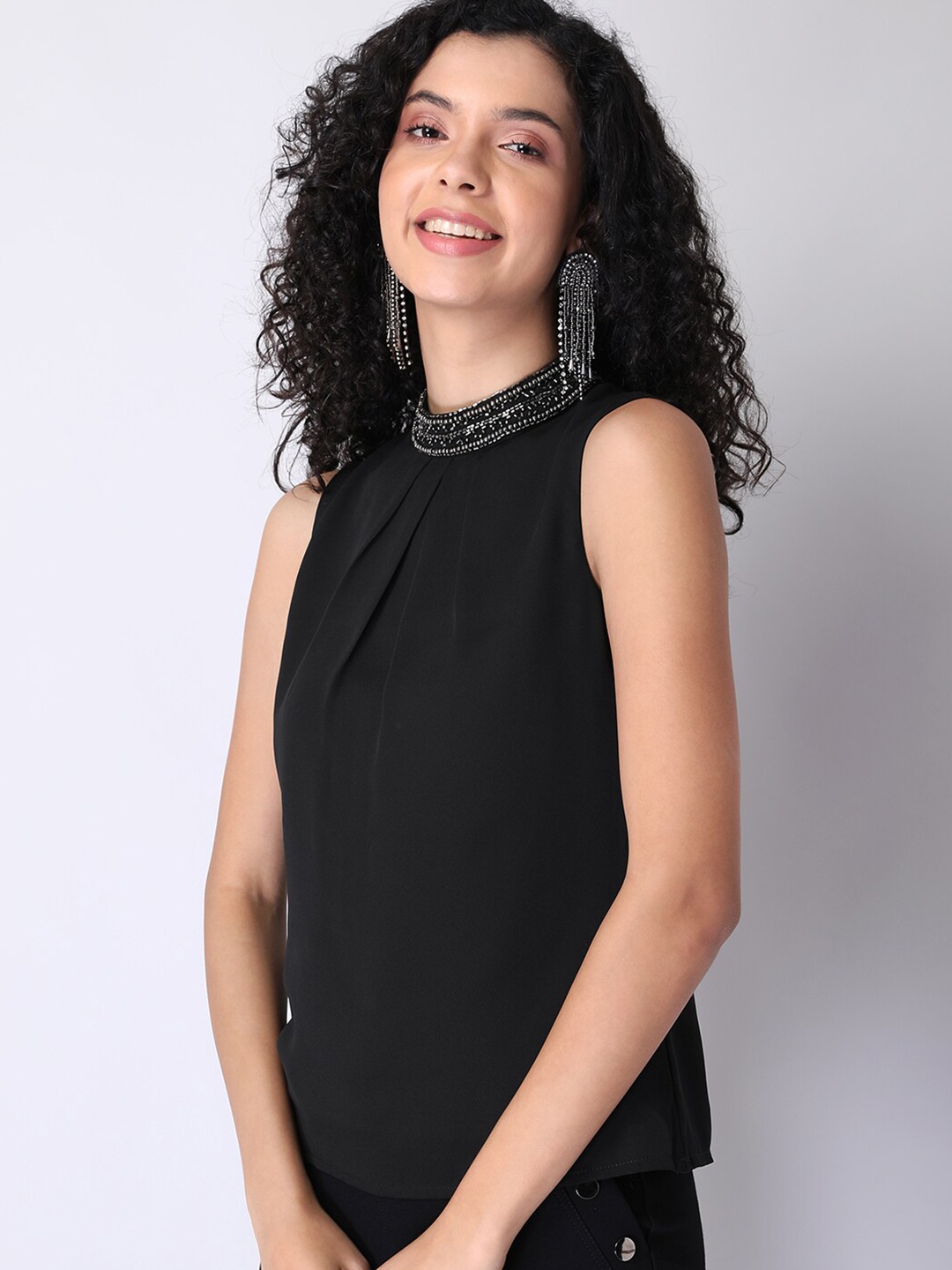 

FabAlley Women Black Embellished High Neck Crepe Top