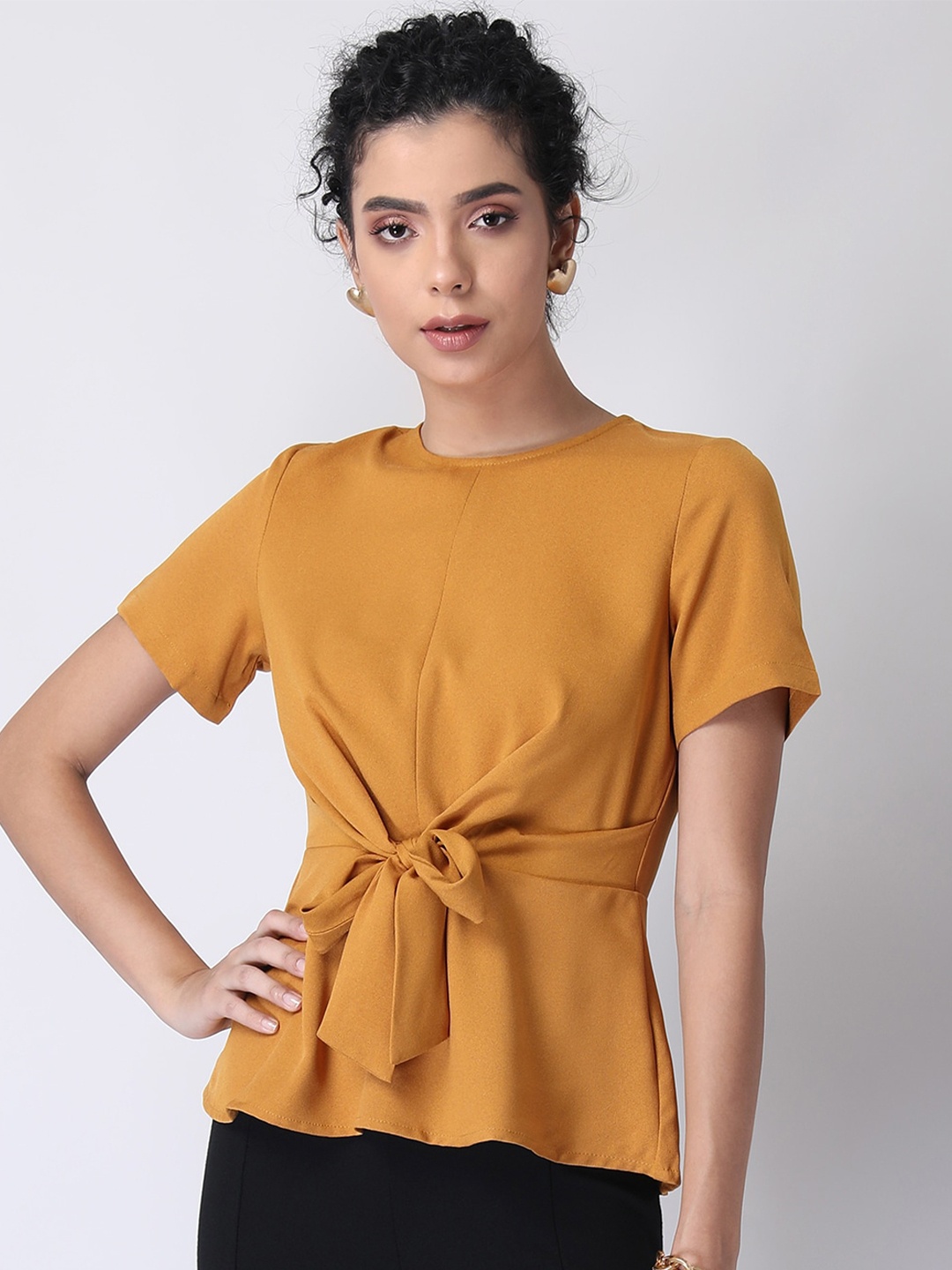 

FabAlley Yellow Crepe Cinched Waist Top