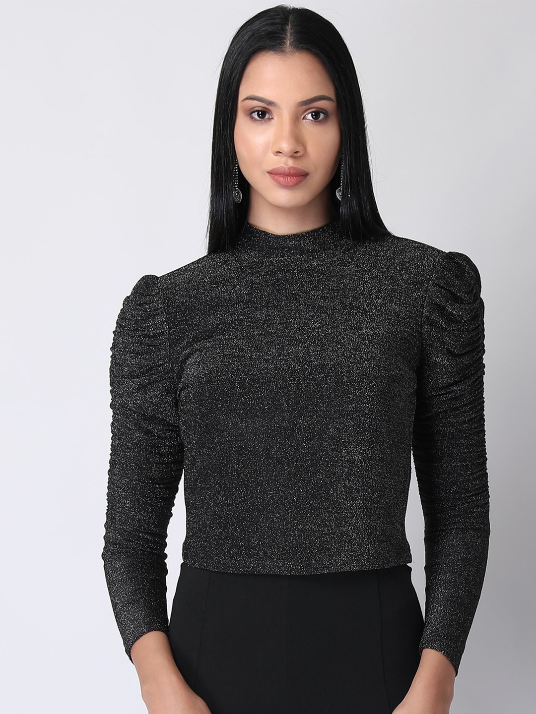 

FabAlley Black High Neck Ruched Sleeve Top