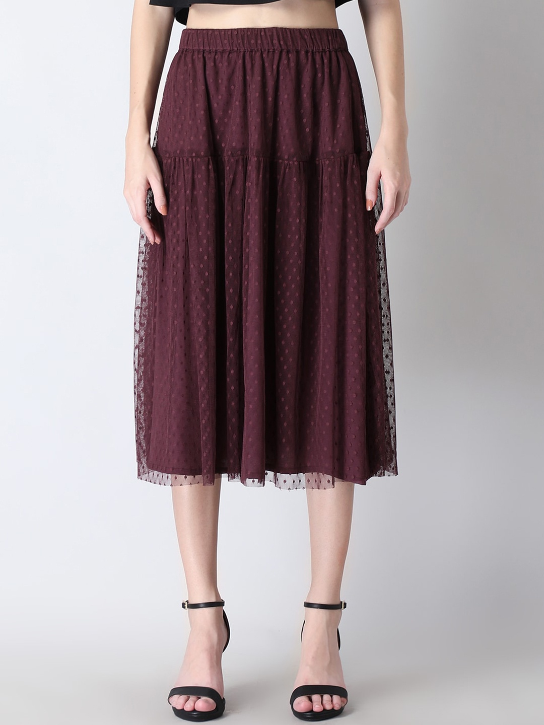 

FabAlley Women Maroon Self Design Flared Midi Skirt