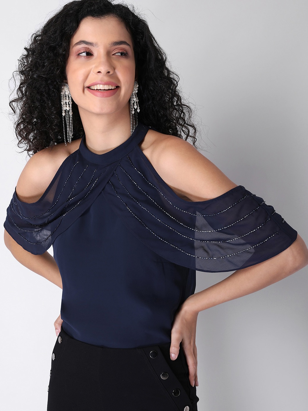 

FabAlley Blue Halter Neck Georgette Top