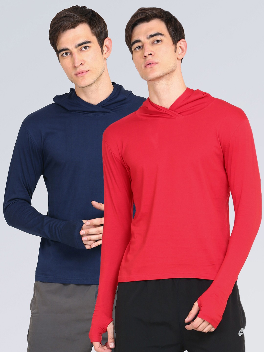 

appulse Men Red & Navy Blue Pack of 2 Slim Fit Hoodie Thumbopen Cotton T-shirt