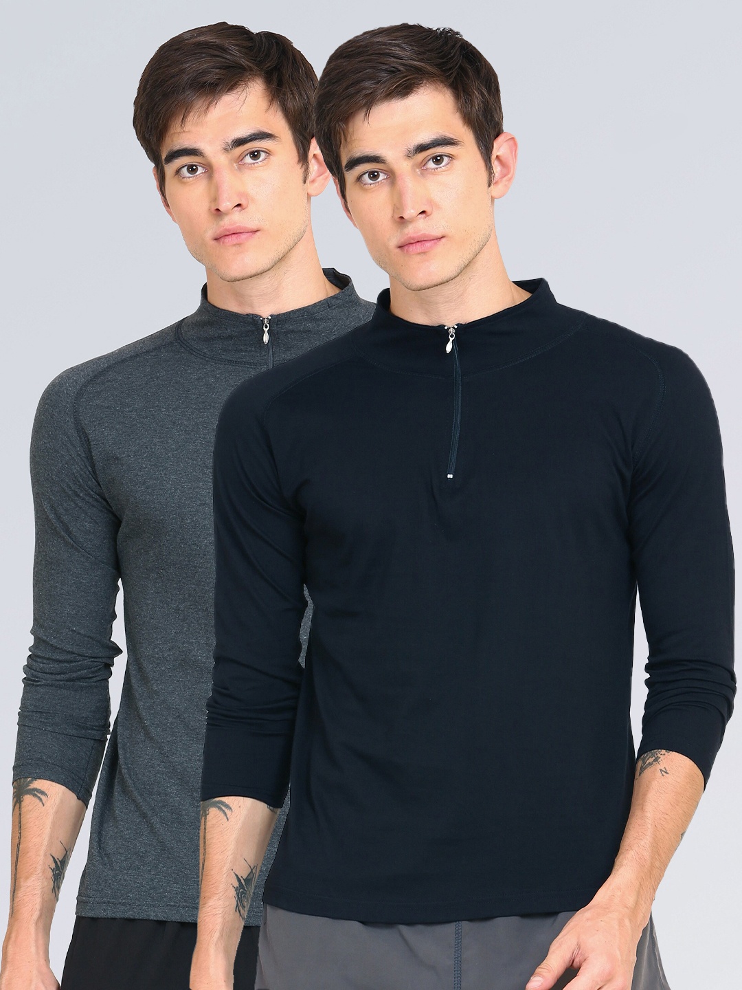 

appulse Men Pack Of 2 Navy Blue & Grey 1/4 Zipper High Neck T-Shirt