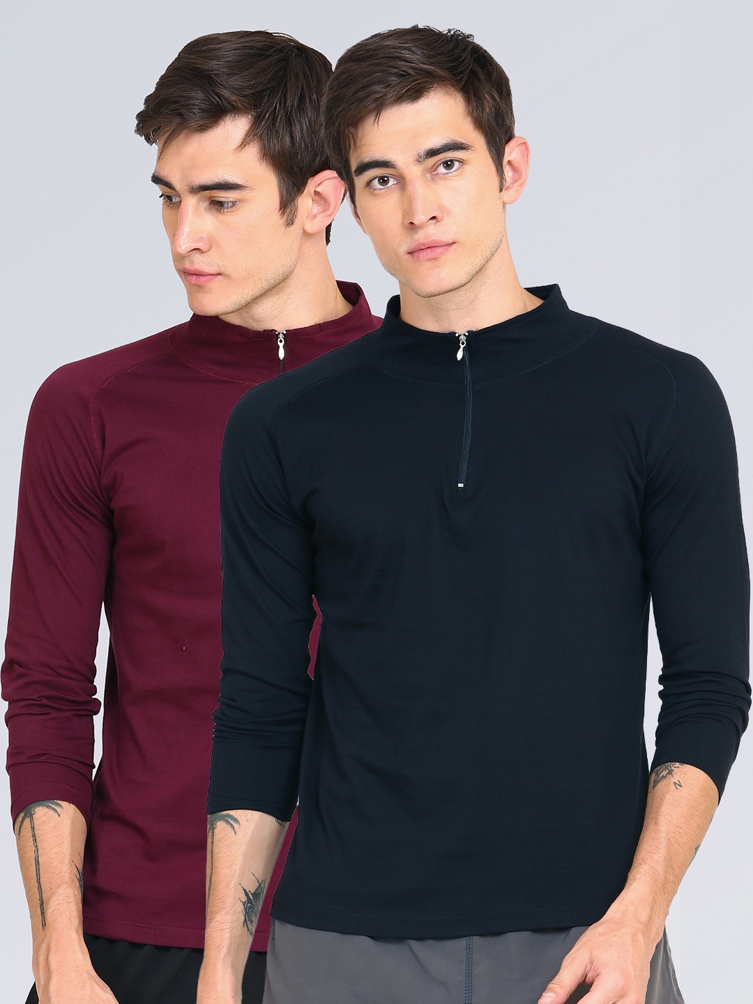 

appulse Men Pack of 2 Black & Maroon Solid 1/4 Zipper High Neck Slim Fit T-shirt