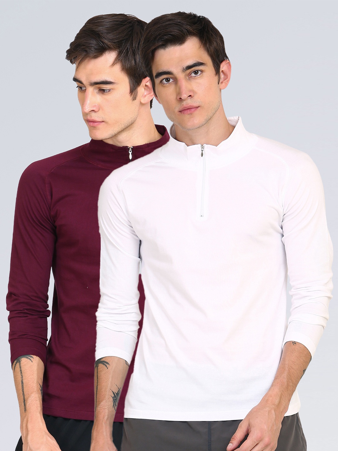 

appulse Men Pack Of 2 Pink & Maroon High Neck Slim Fit Cotton T-shirt