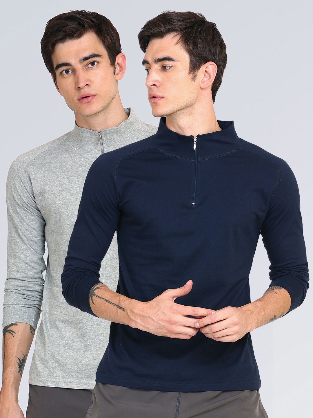 

appulse Men Pack of 2 Grey Melange & Navy Blue Solid 1/4 Zipper High Neck Slim Fit T-shirt