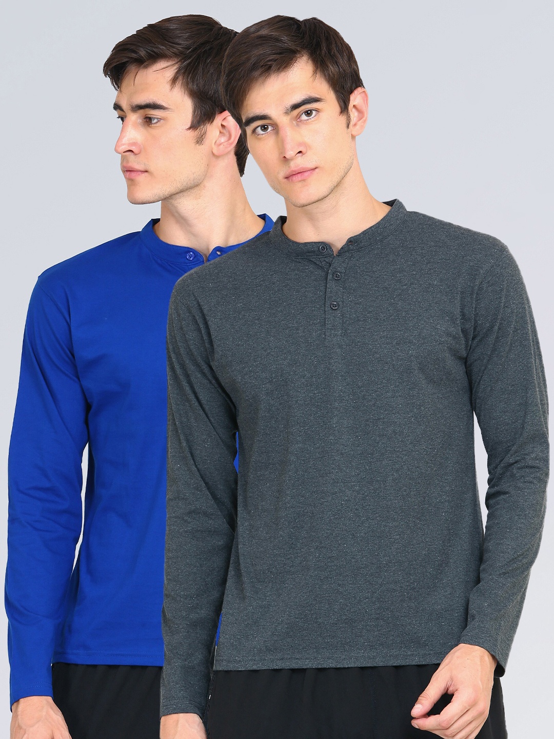 

appulse Men Blue & Grey Pack of 2 Mandarin Collar Slim Fit Cotton T-shirt