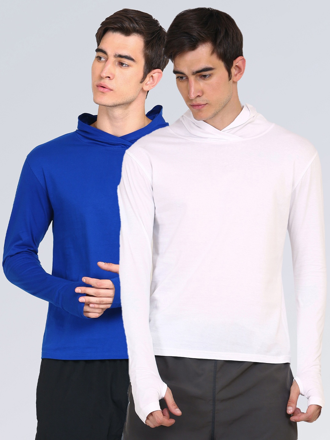 

appulse Men Pack of 2 Blue & White Solid Thumbopen Cotton Slim Fit T-shirts