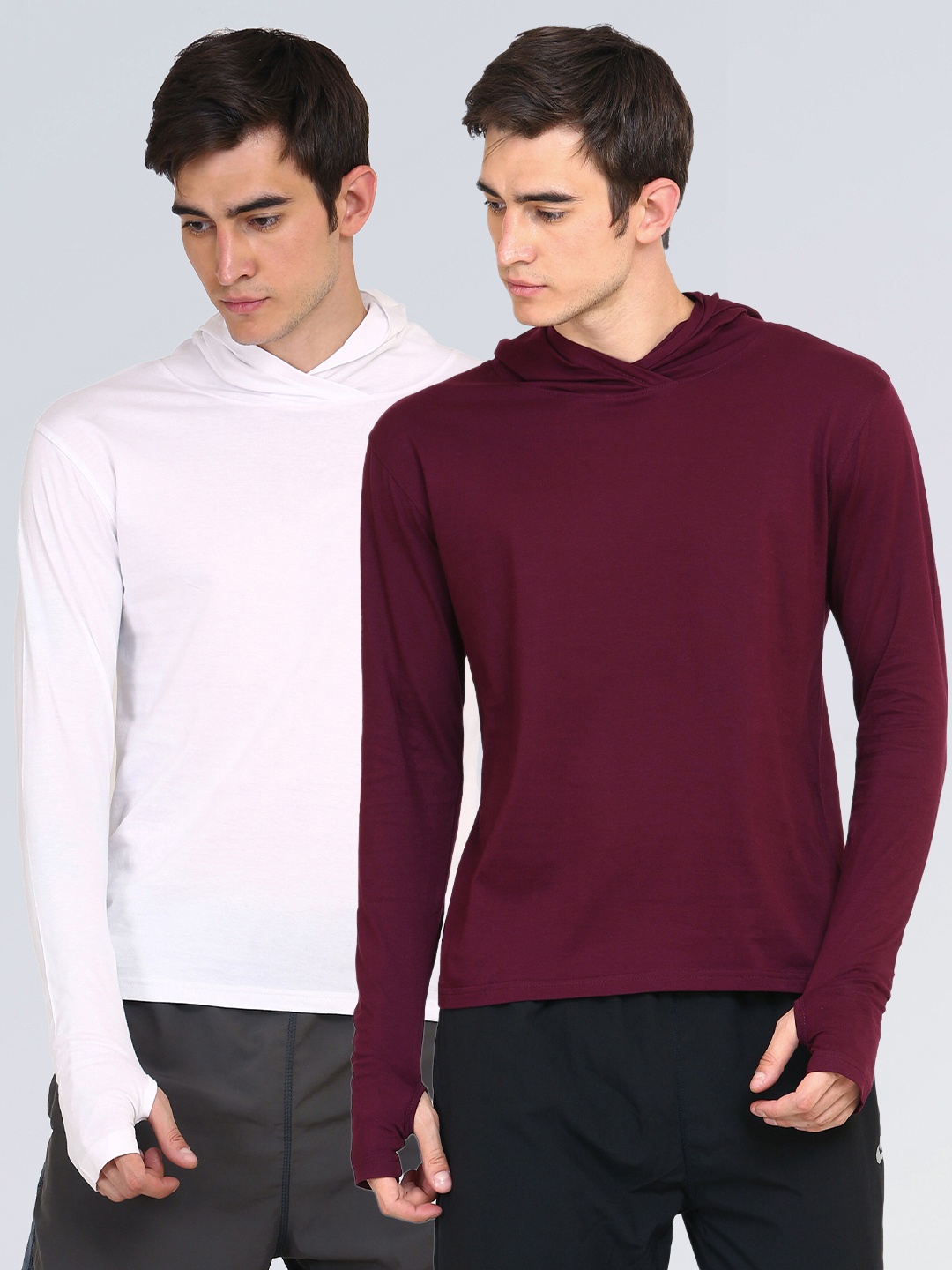 

appulse Men Pack Of 2 White & Maroon Hoodie Thumbopen T-Shirt