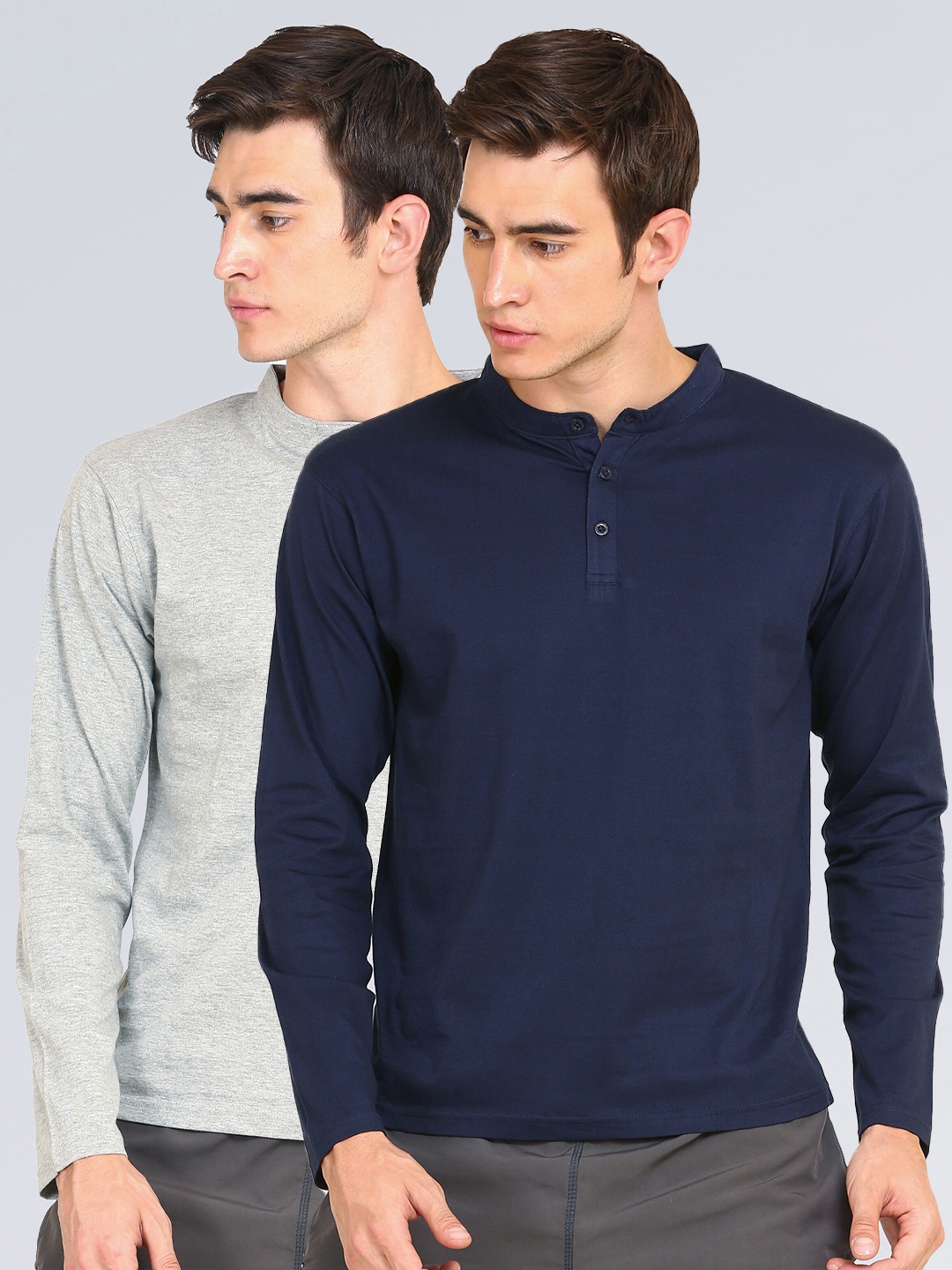 

appulse Men Pack Of 2 Navy Blue & Grey High Neck Slim Fit Cotton T-shirt