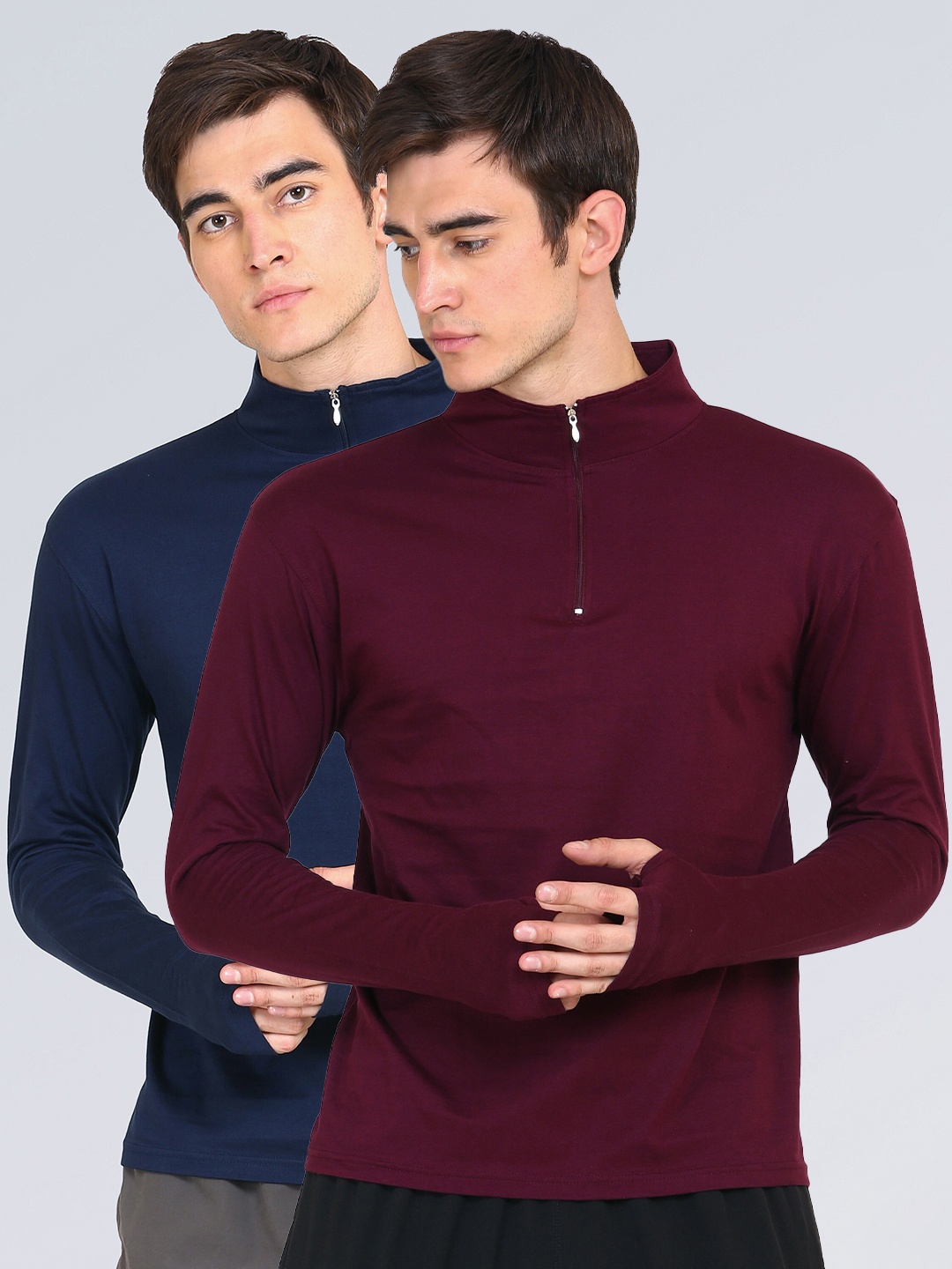 

appulse Men Navy Blue & Maroon Pack of 2 One-Fourth Zipper Thumb-Open Cotton T-shirt