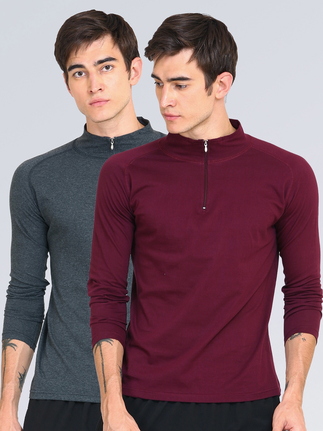 

appulse Men Pack Of 2 Maroon & Grey High Neck Slim Fit Cotton T-shirt