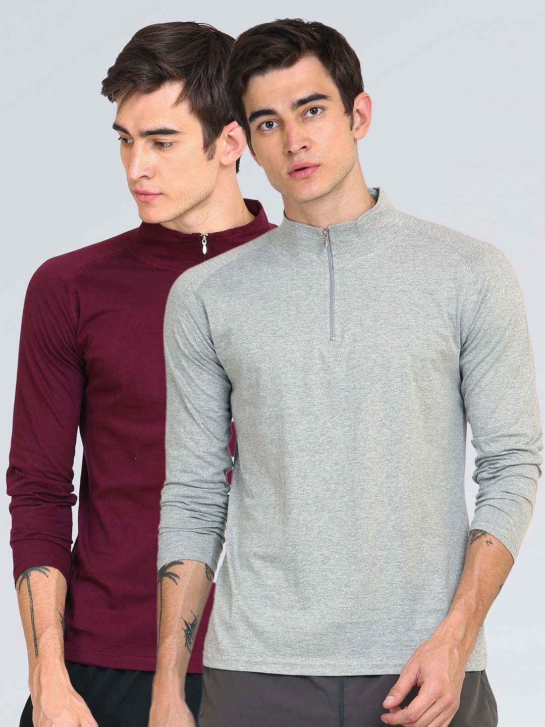 

appulse Men Pack Of 2 Grey & Maroon High Neck Slim Fit T-shirt