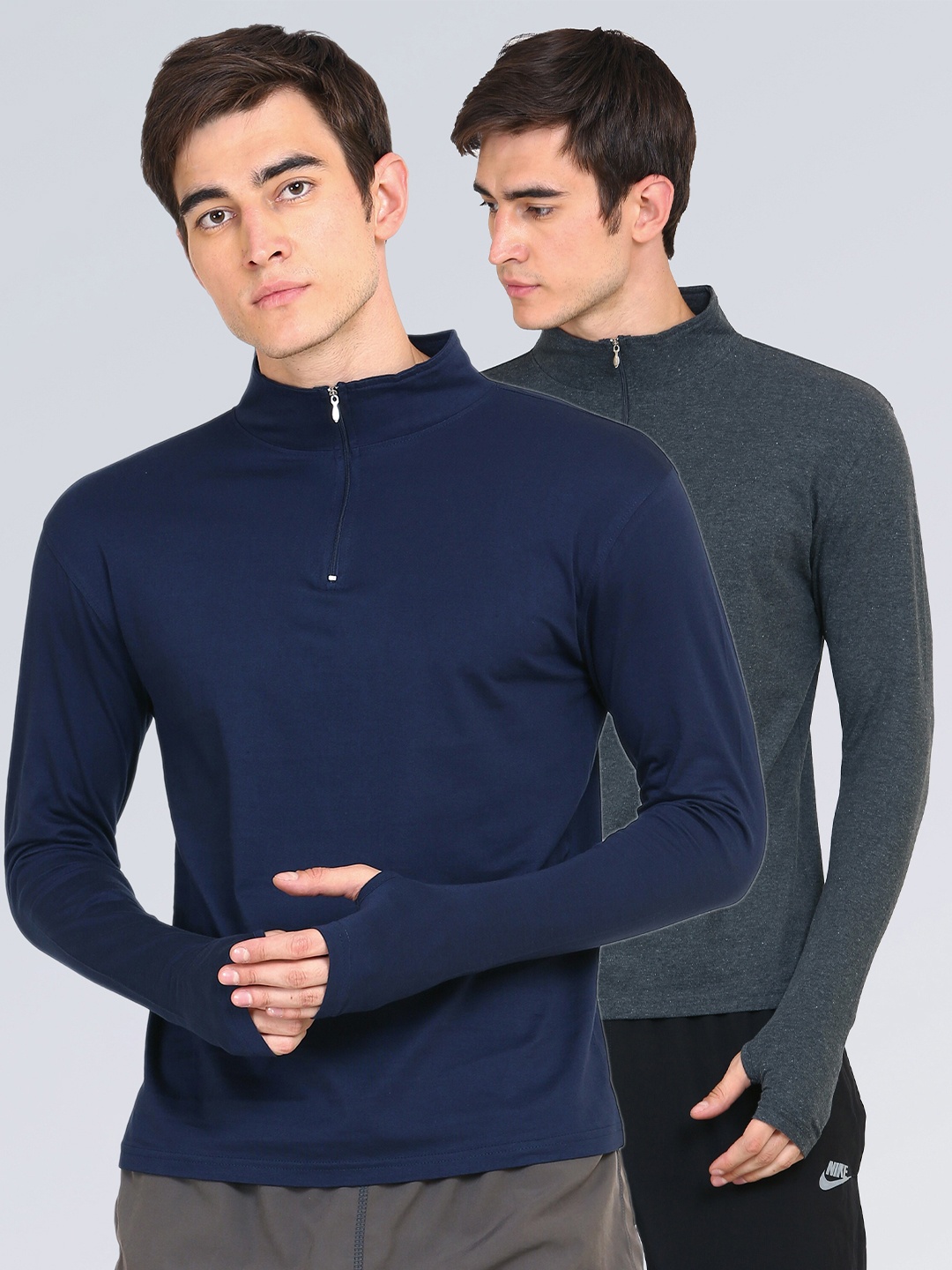 

appulse Men Navy Blue & Grey Pack of 2 One-Fourth Zipper Thumb-Open Cotton T-shirt