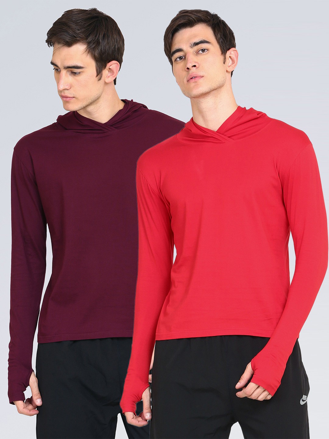 

appulse Men Red & Maroon Pack Of 2 Slim Fit Cotton Thumb-Open T-shirts