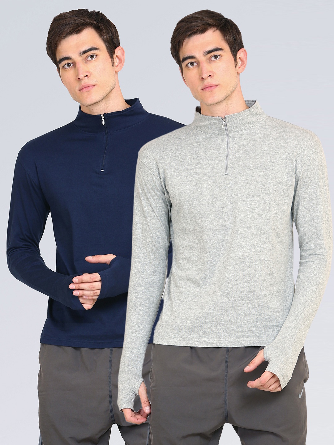 

appulse Men Navy Blue & Grey Pack Of 2 High Neck Slim Fit Cotton One-Fourth Zipper & Thumbopen T-shirt