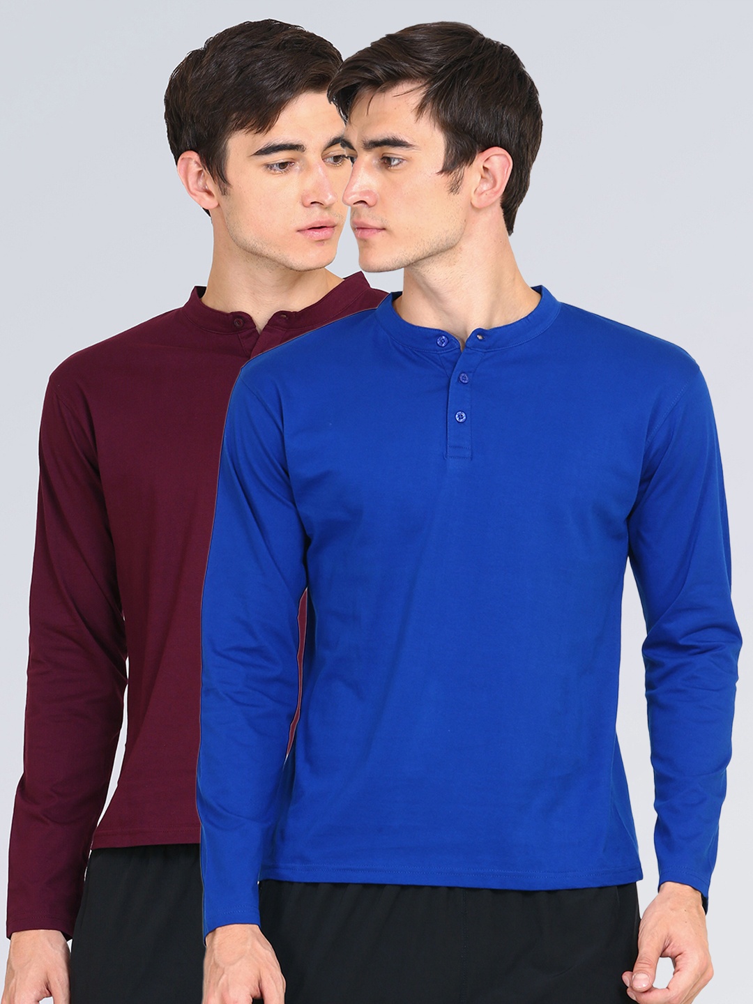 

appulse Men Pack of 2 Blue & Maroon Solid Mandarin Collar Slim Fit T-shirt