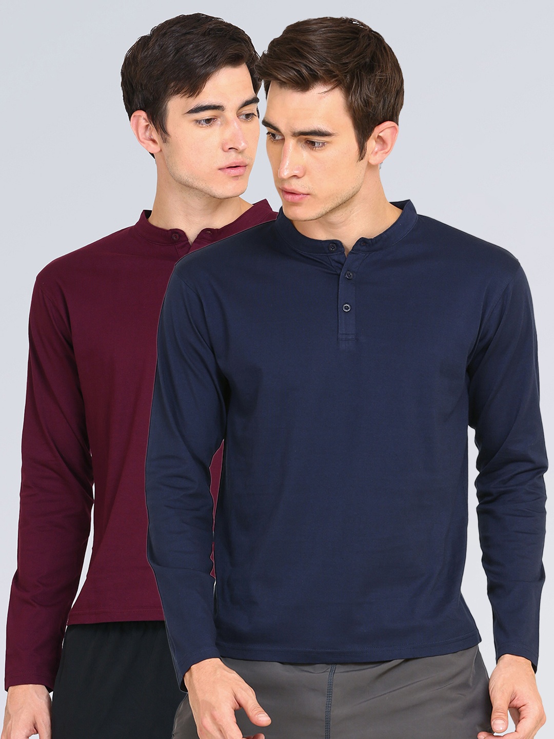 

appulse Men Maroon & Navy Blue Pack Of 2 Henley Neck Slim Fit Cotton T-shirts