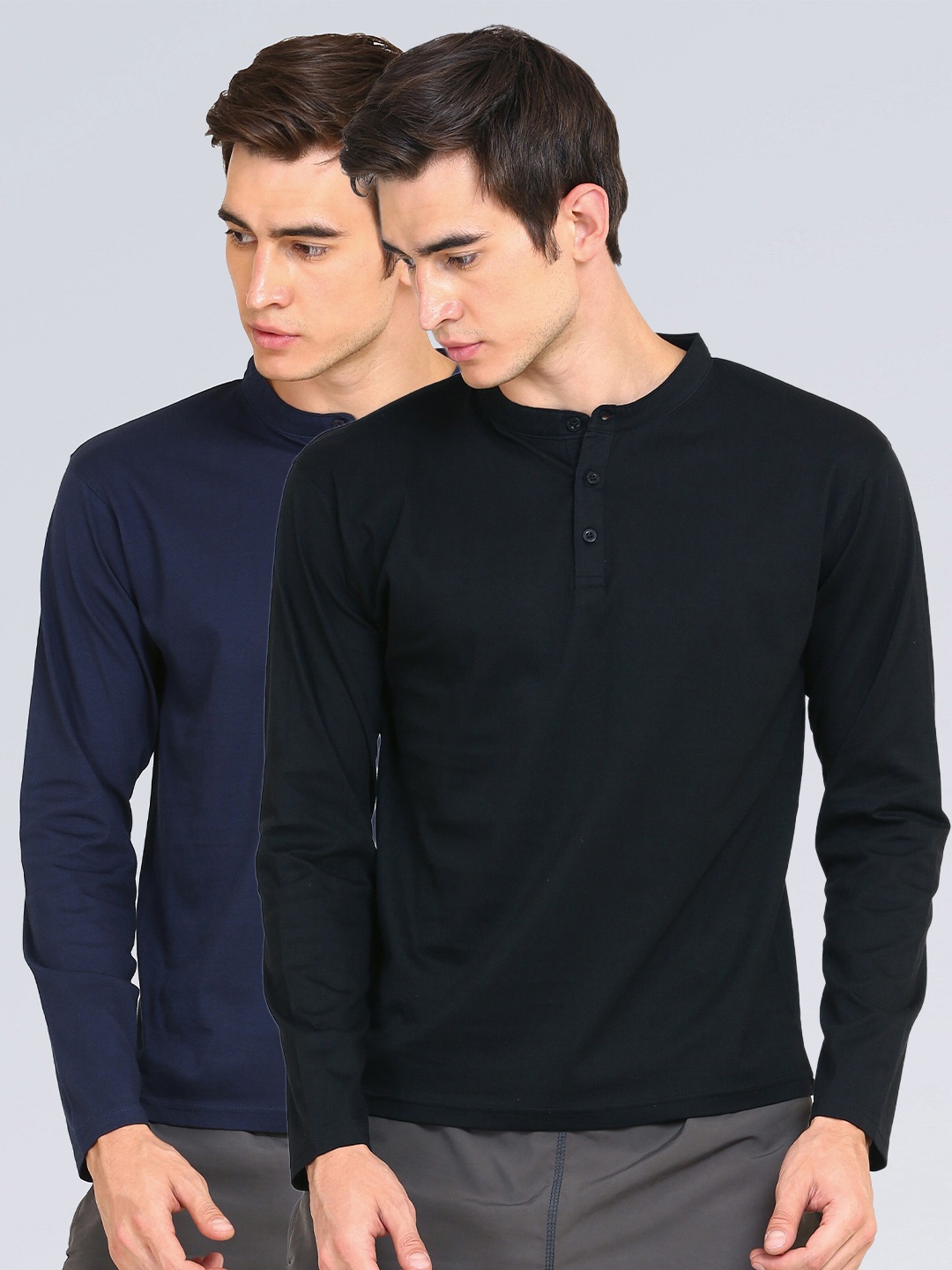 

appulse Men Navy Blue & Black Pack of 2 Mandarin Collar Slim Fit Cotton T-shirt