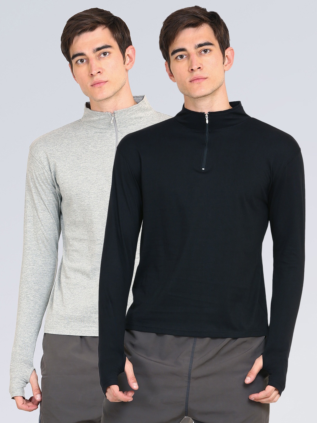 

appulse Men Pack Of 2 Black & Grey High Neck Pockets Slim Fit T-shirt