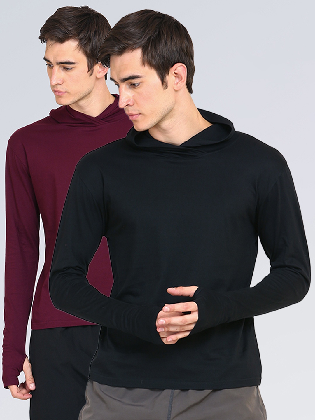 

appulse Men Pack Of 2 Maroon & Black Hoodie Thumbopen T-Shirt, Purple