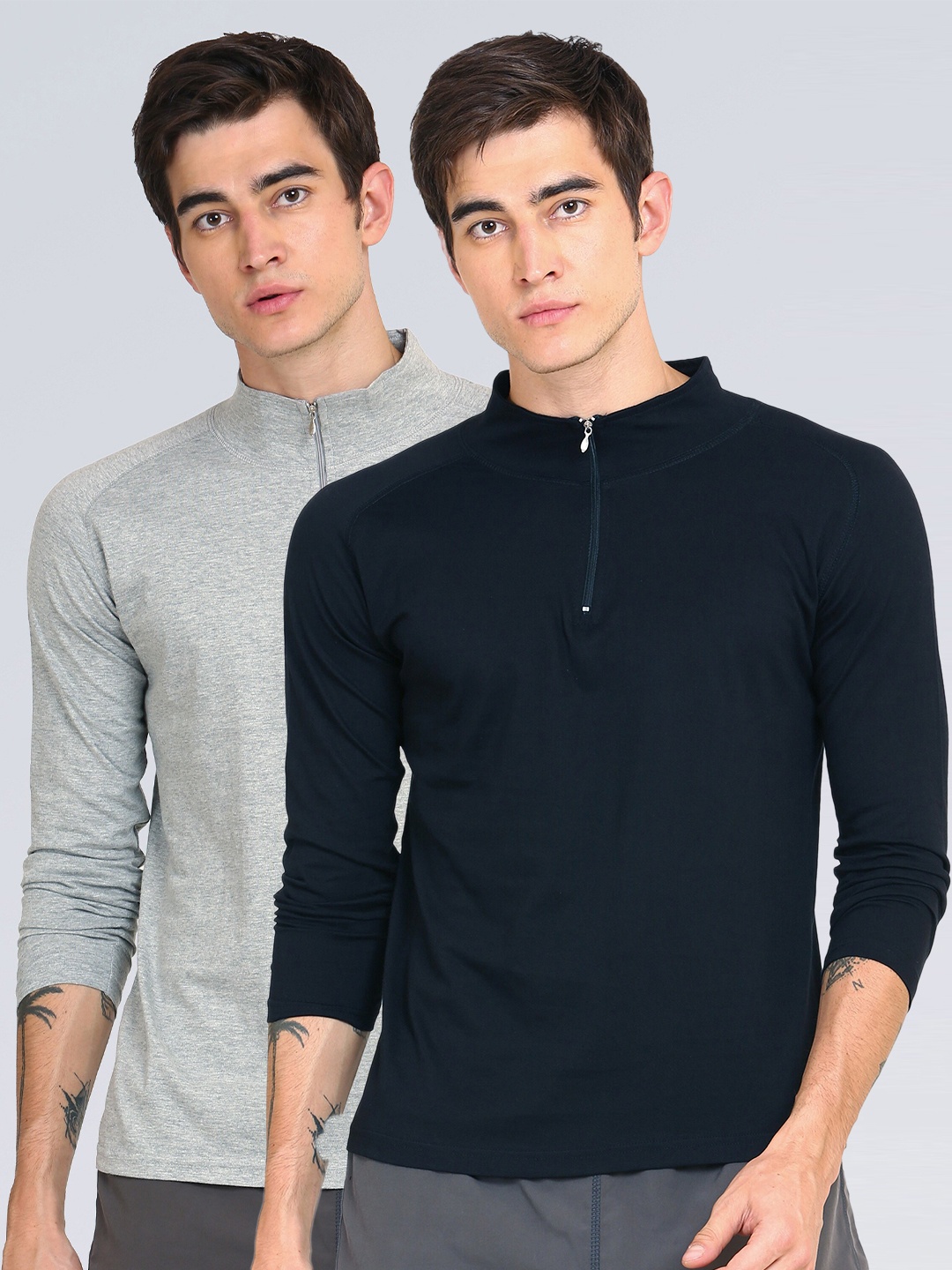 

appulse Men Pack of 2 Grey Melange & Navy Blue Solid 1/4 Zipper Hi Neck Slim Fit T-shirt