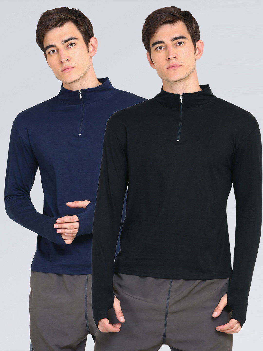 

appulse Men Pack of 2 Black & Navy Blue 1/4 Zipper Hi Neck Thumbopen Slim Fit T-shirt