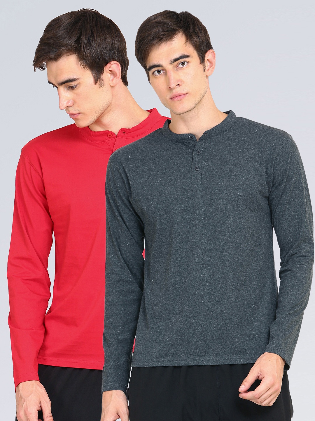 

appulse Men Red & Grey Pack of 2 Mandarin Collar Slim Fit Cotton T-shirt