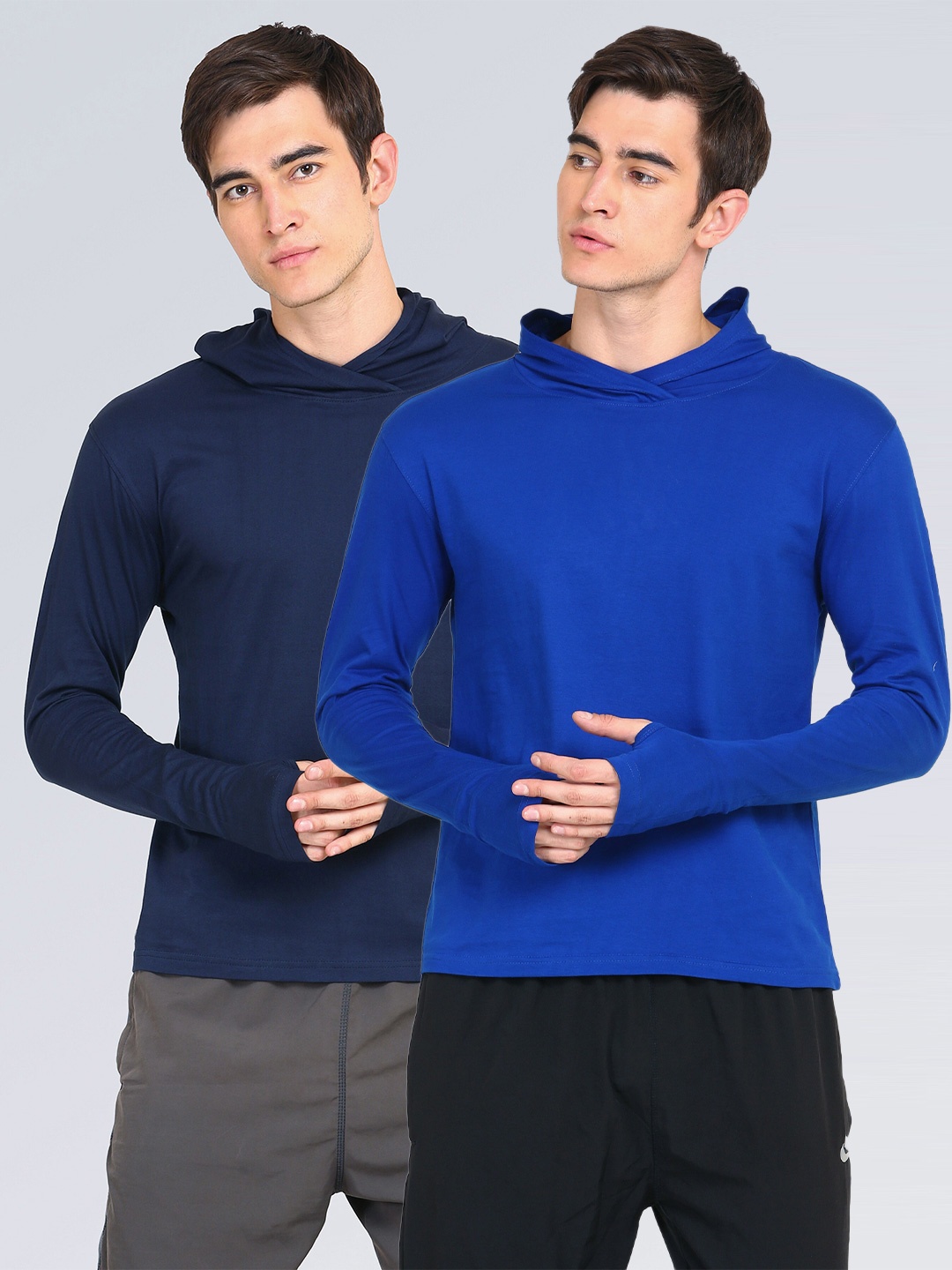 

appulse Men Pack of 2 Blue & Navy Blue Solid Hooded Thumbopen Cotton Slim Fit T-shirt