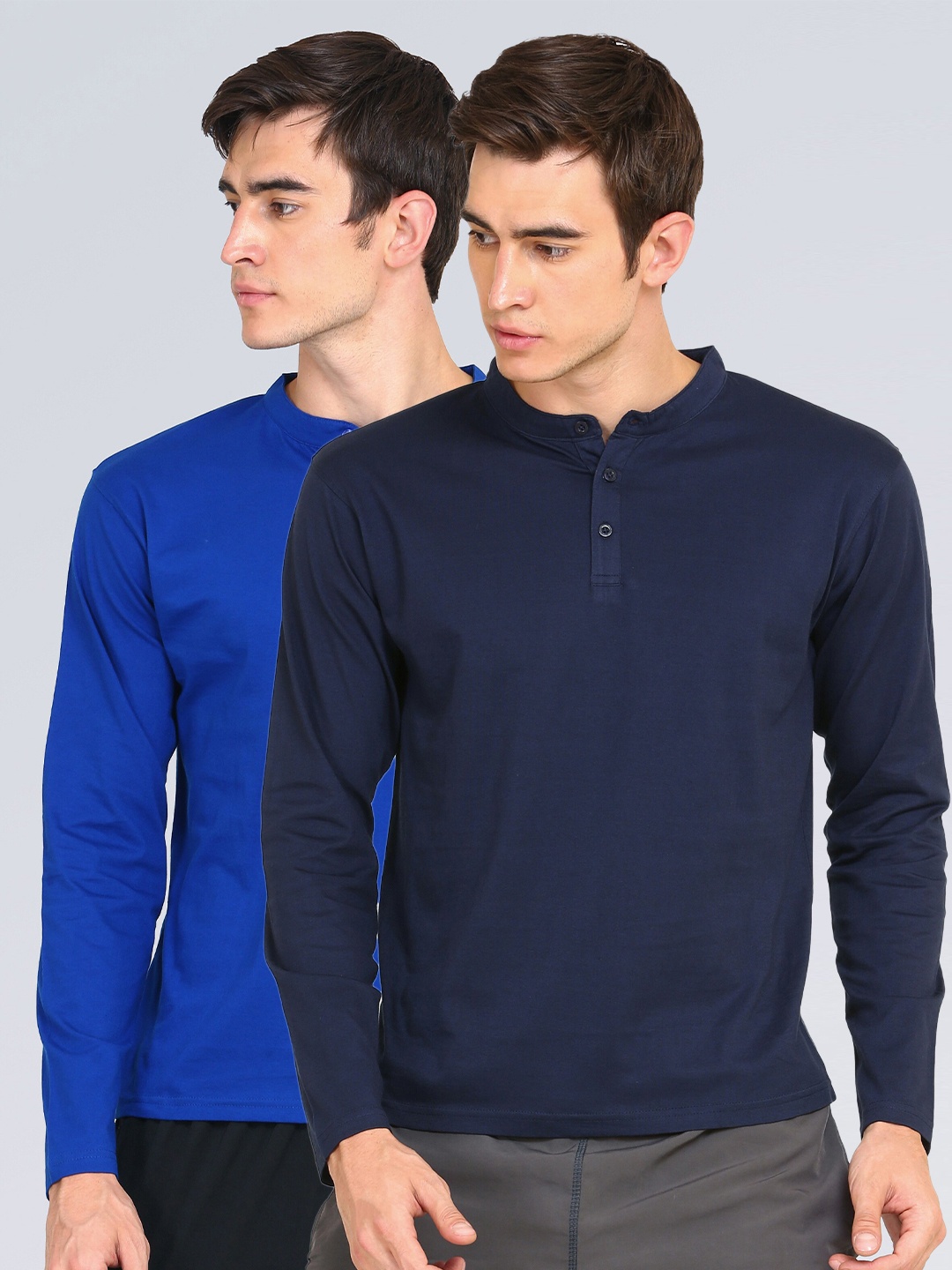 

appulse Men Blue & Navy Blue Pack Of 2 Mandarin Collar Slim Fit T-shirt