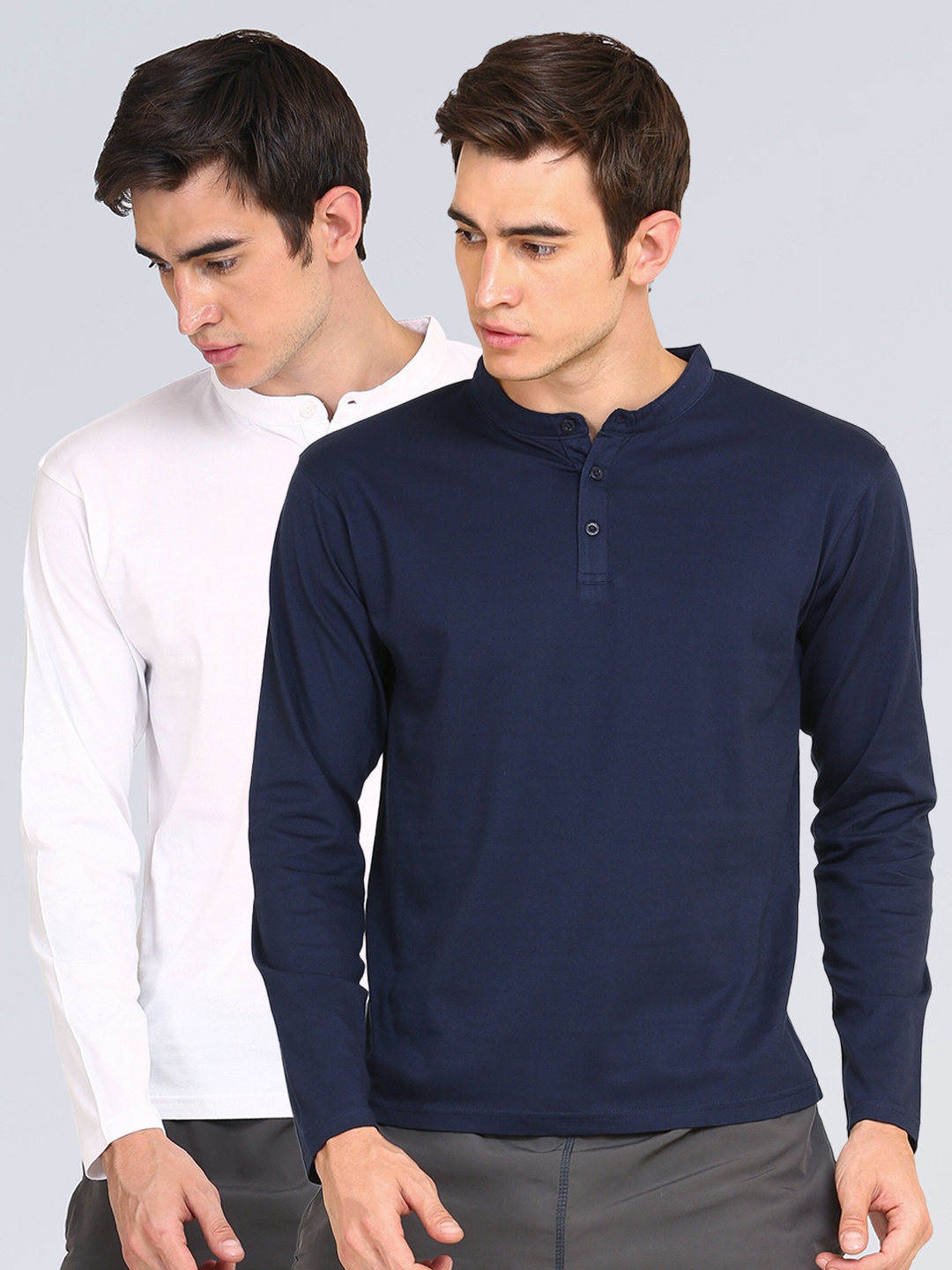 

appulse Men Navy Blue & White Pack of 2 Mandarin Collar Slim Fit Cotton T-shirt