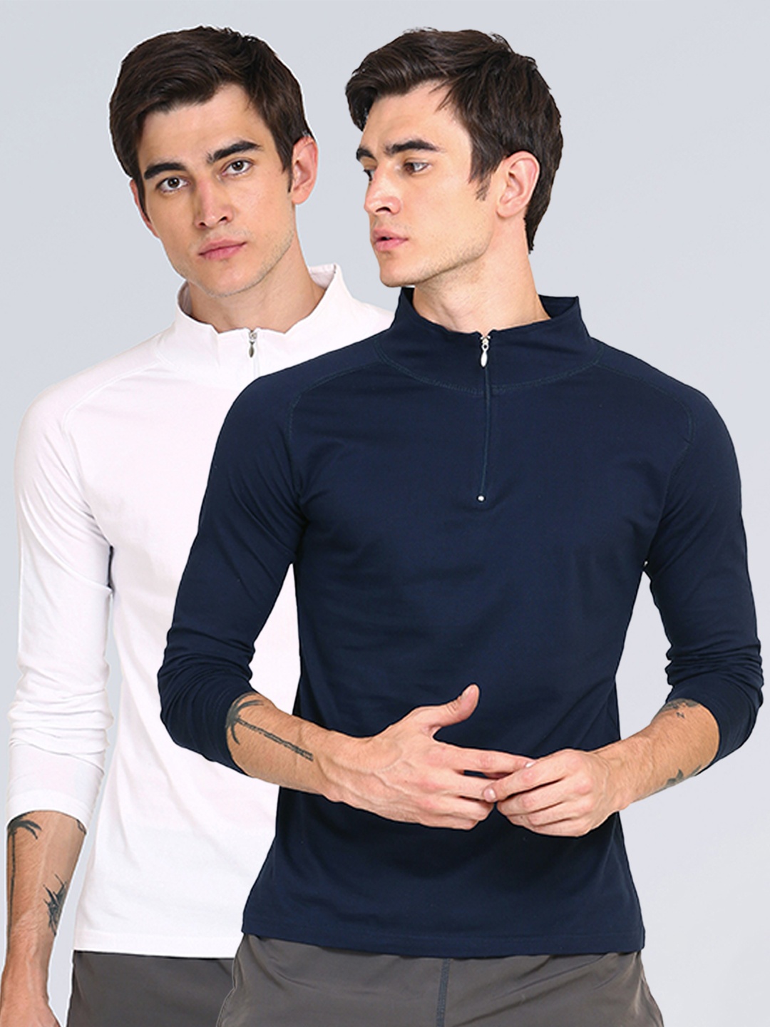 

appulse Men Pack Of 2 Navy Blue & White High Neck Slim Fit T-shirt