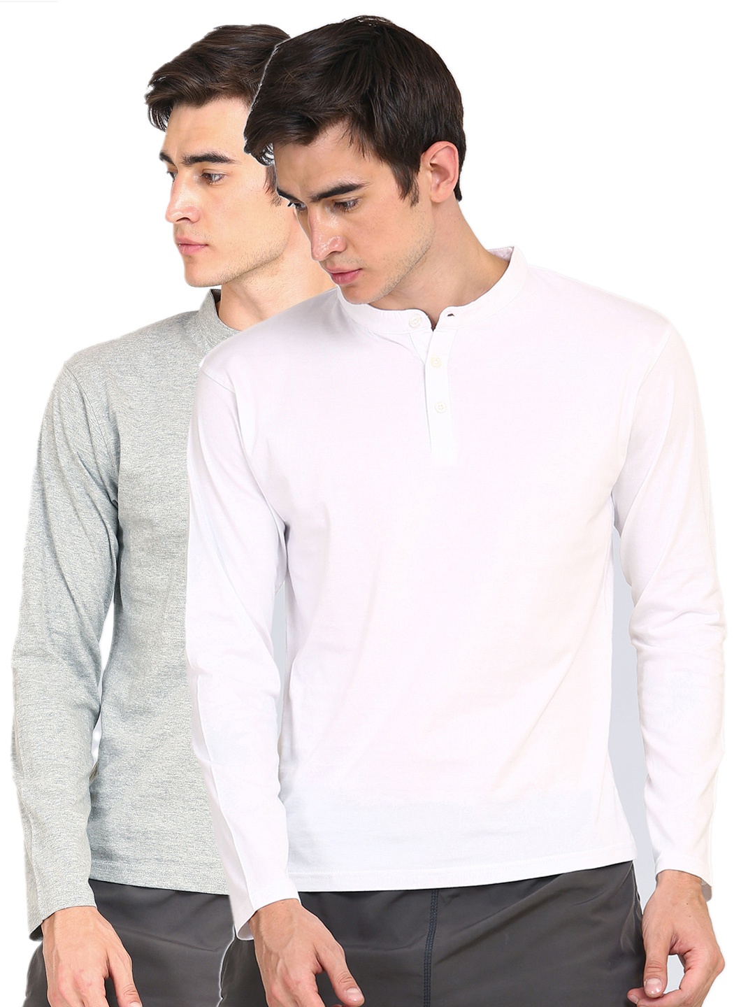 

appulse Men Pack of 2 White & Grey Melange Solid Mandarin Collar Slim Fit T-shirt