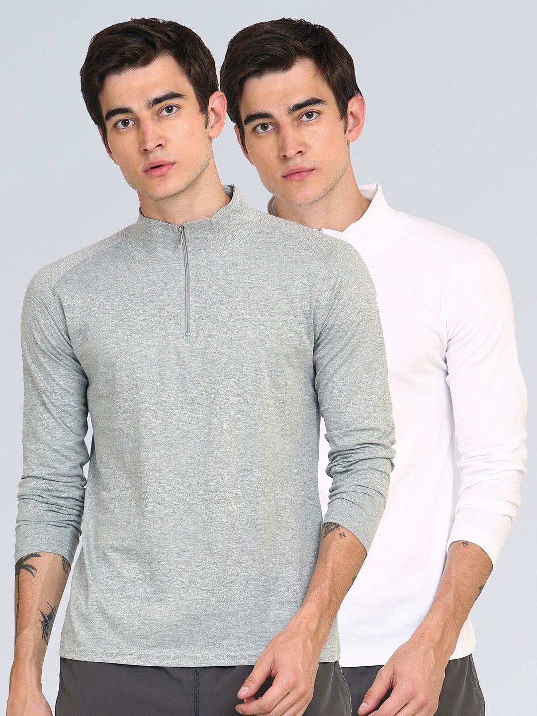 

appulse Men Pack of 2 Grey Melange & White Solid High Neck Slim Fit T-shirt