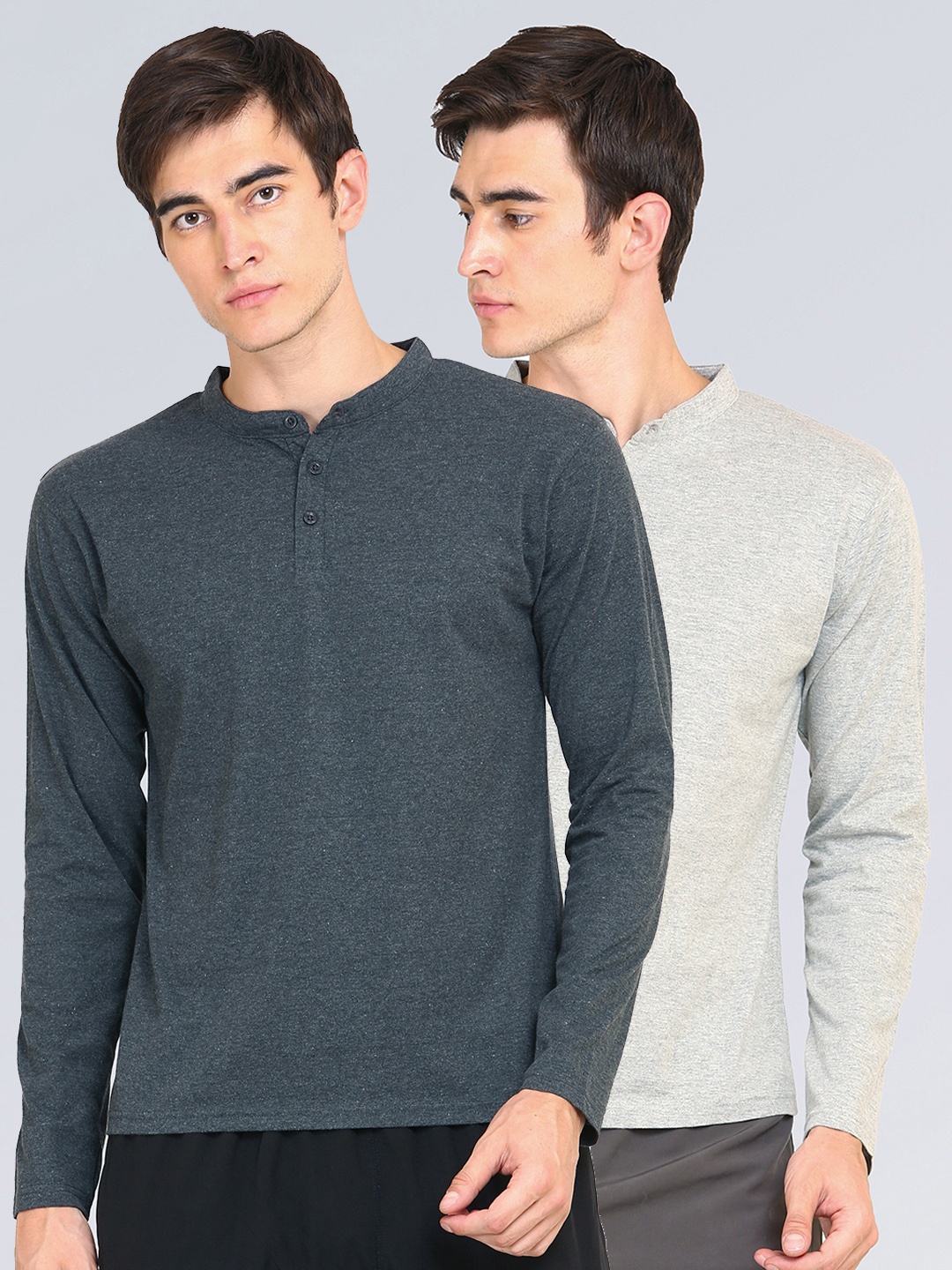 

appulse Men Grey Pack of 2 Mandarin Collar Slim Fit Cotton T-shirt