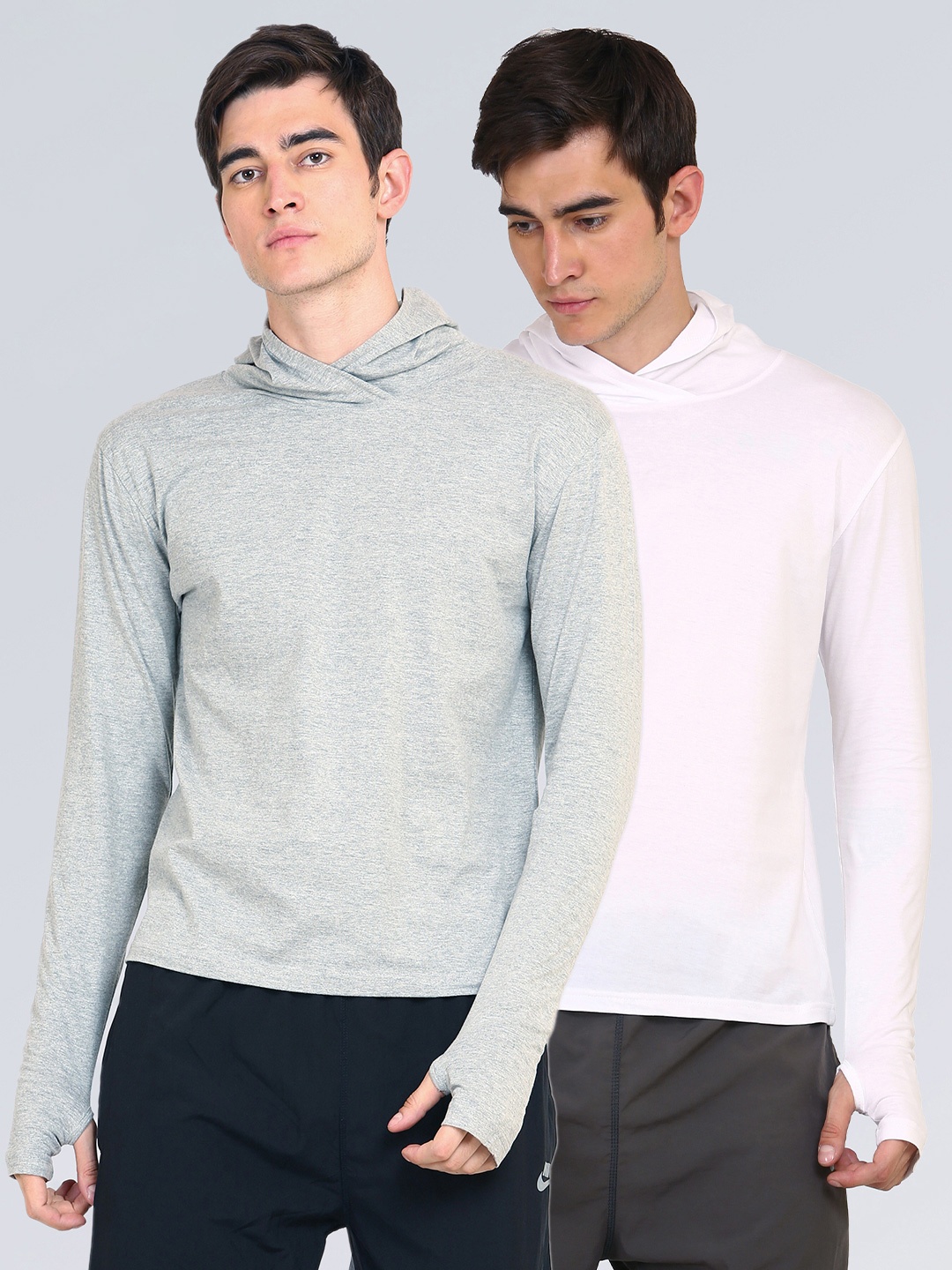 

appulse Men Pack of 2 Grey Melange & White Solid Hooded Slim Fit T-shirt