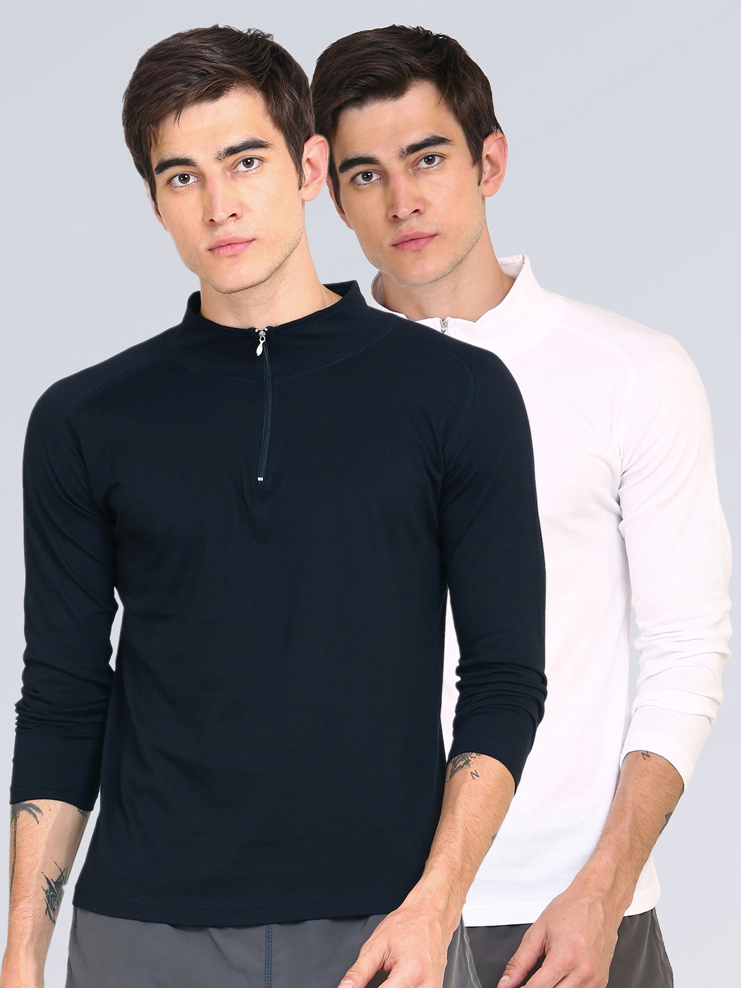 

appulse Men Navy Blue & White Pack Of 2 High Neck Slim Fit Cotton One-Fourth Zipper T-shirt