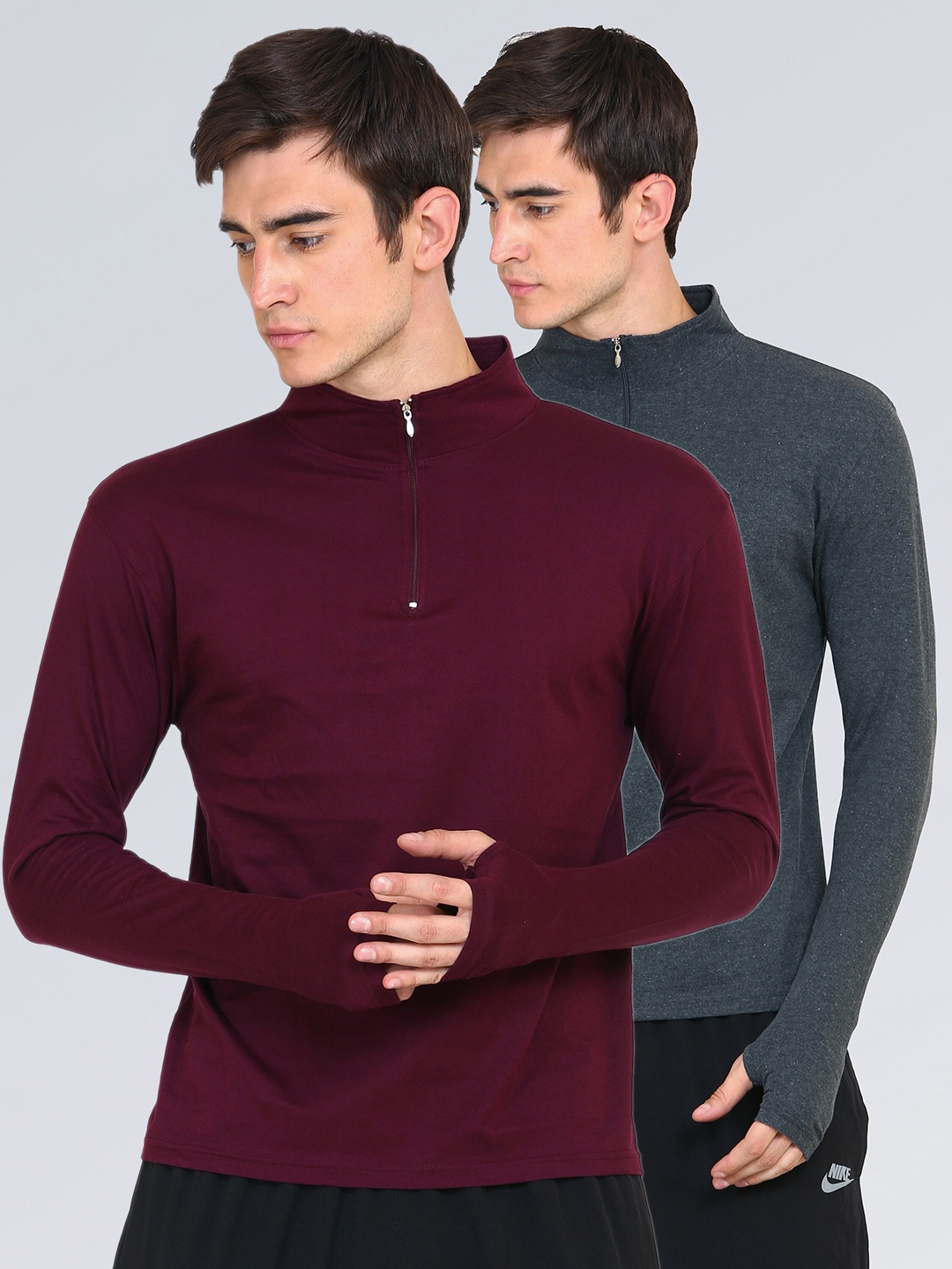 

appulse Men Pack Of 2 Maroon & Grey High Neck Slim Fit T-shirt