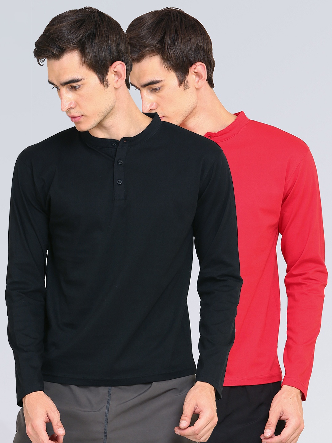 

appulse Men Pack of 2 Red & Black Solid Mandarin Collar Slim Fit Cotton T-shirts