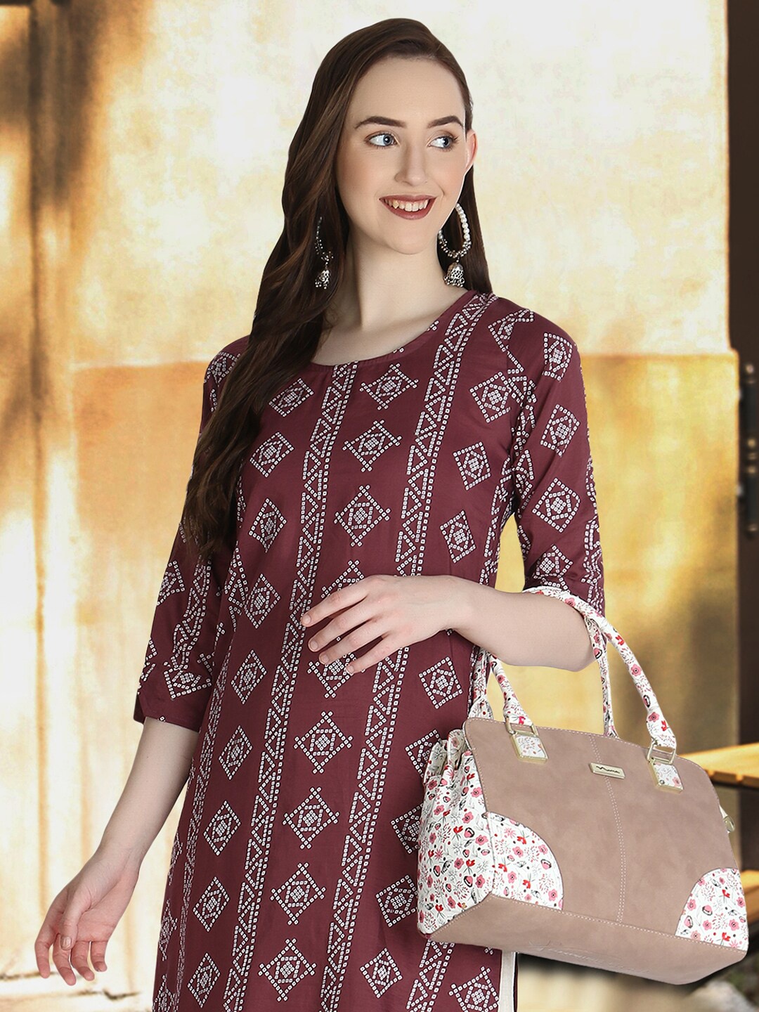 

SHINING STAR Cream-Coloured Floral Printed Structured Handheld Bag