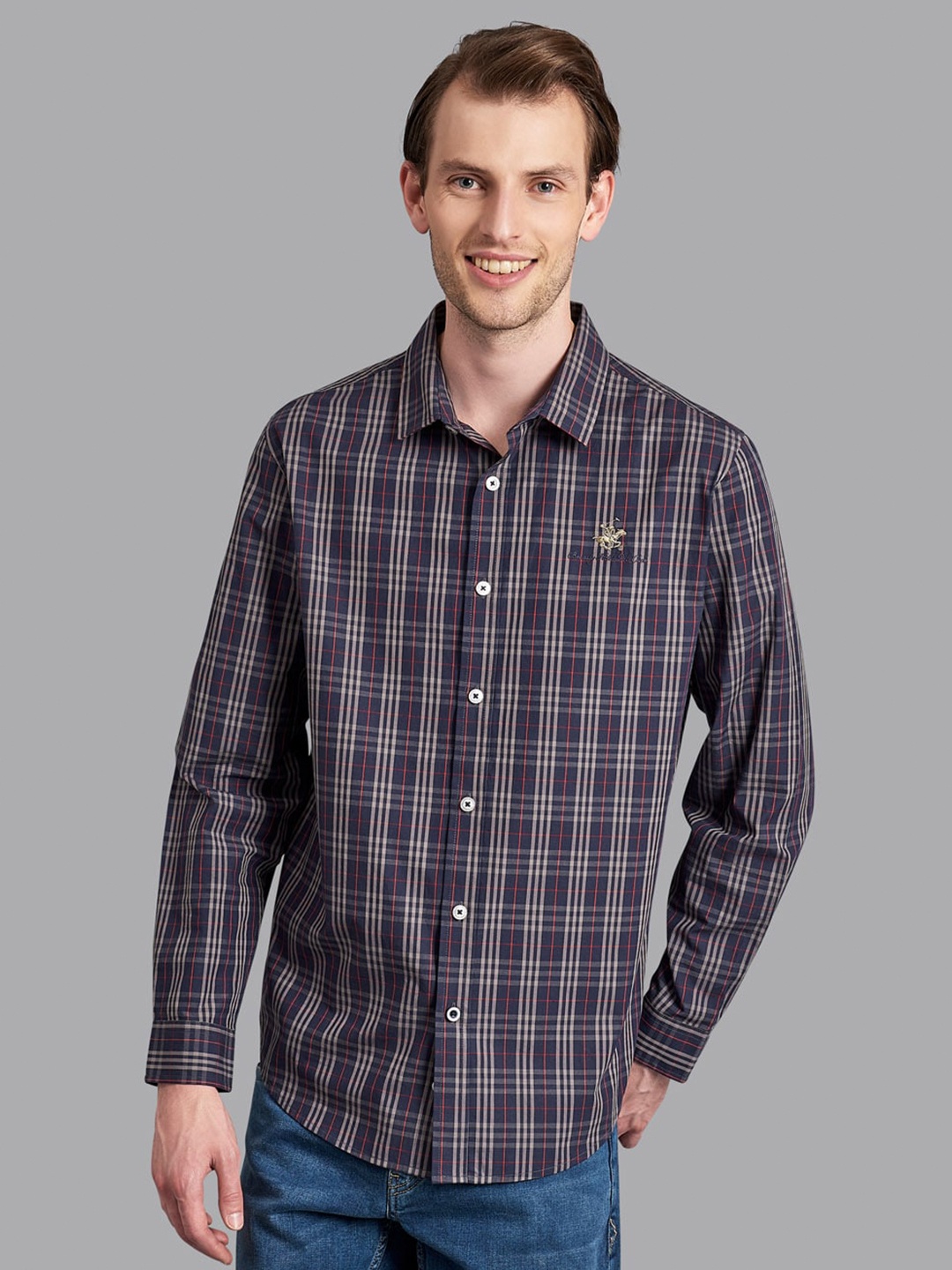 

Beverly Hills Polo Club Men Navy Blue Regular Fit Checked Casual Shirt