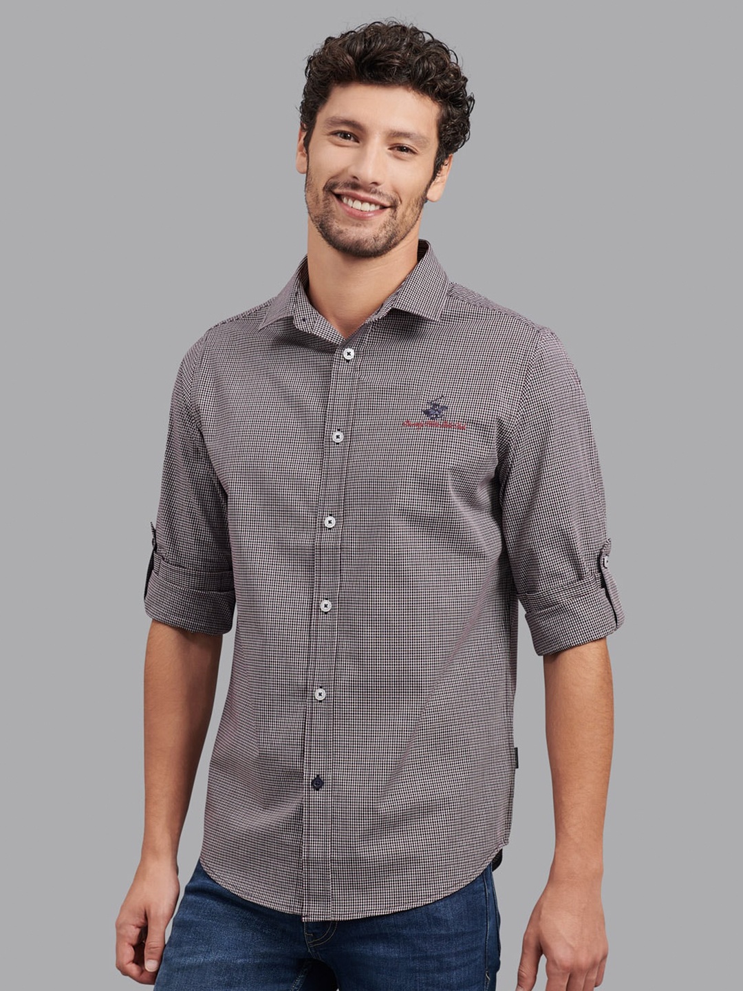 

Beverly Hills Polo Club Men Navy Blue & Maroon Checked Cotton Casual Shirt