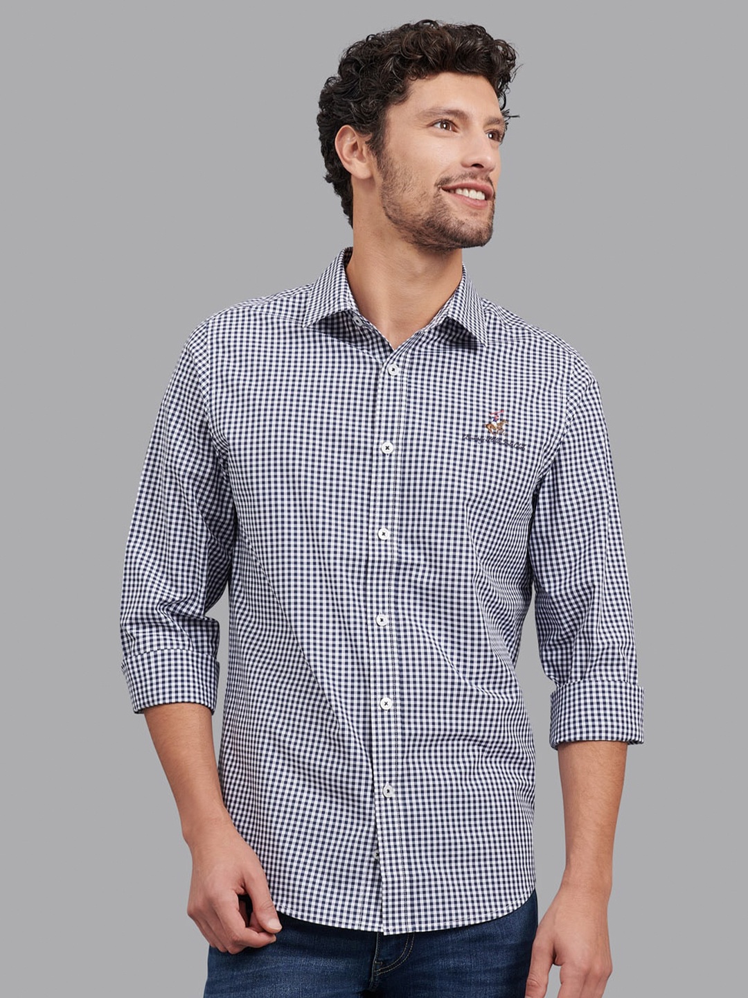 

Beverly Hills Polo Club Men Navy Blue Micro Checks Cotton Formal Shirt