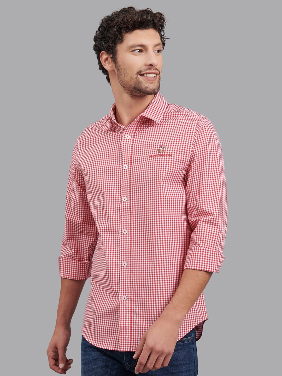 

Beverly Hills Polo Club Men Red & White Micro Checks Cotton Casual Shirt